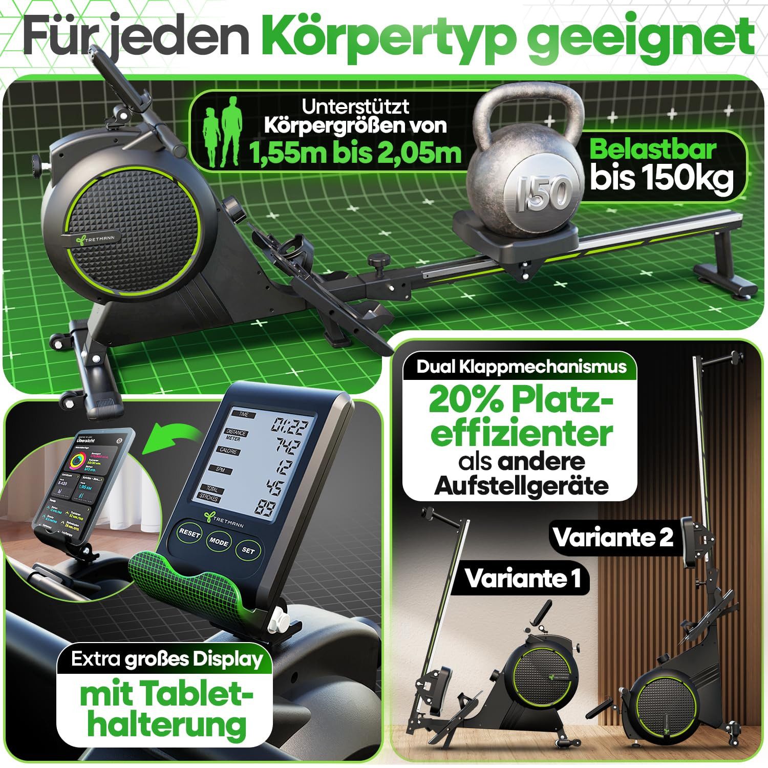 Tretmann Rudergerät für Zuhause Set - extra leise- [Wirbelstrombremse2.0] bis 150KG (Rudergerät Magnet Rudermaschine Rudergeräte), Ruder Fitnessgeräte