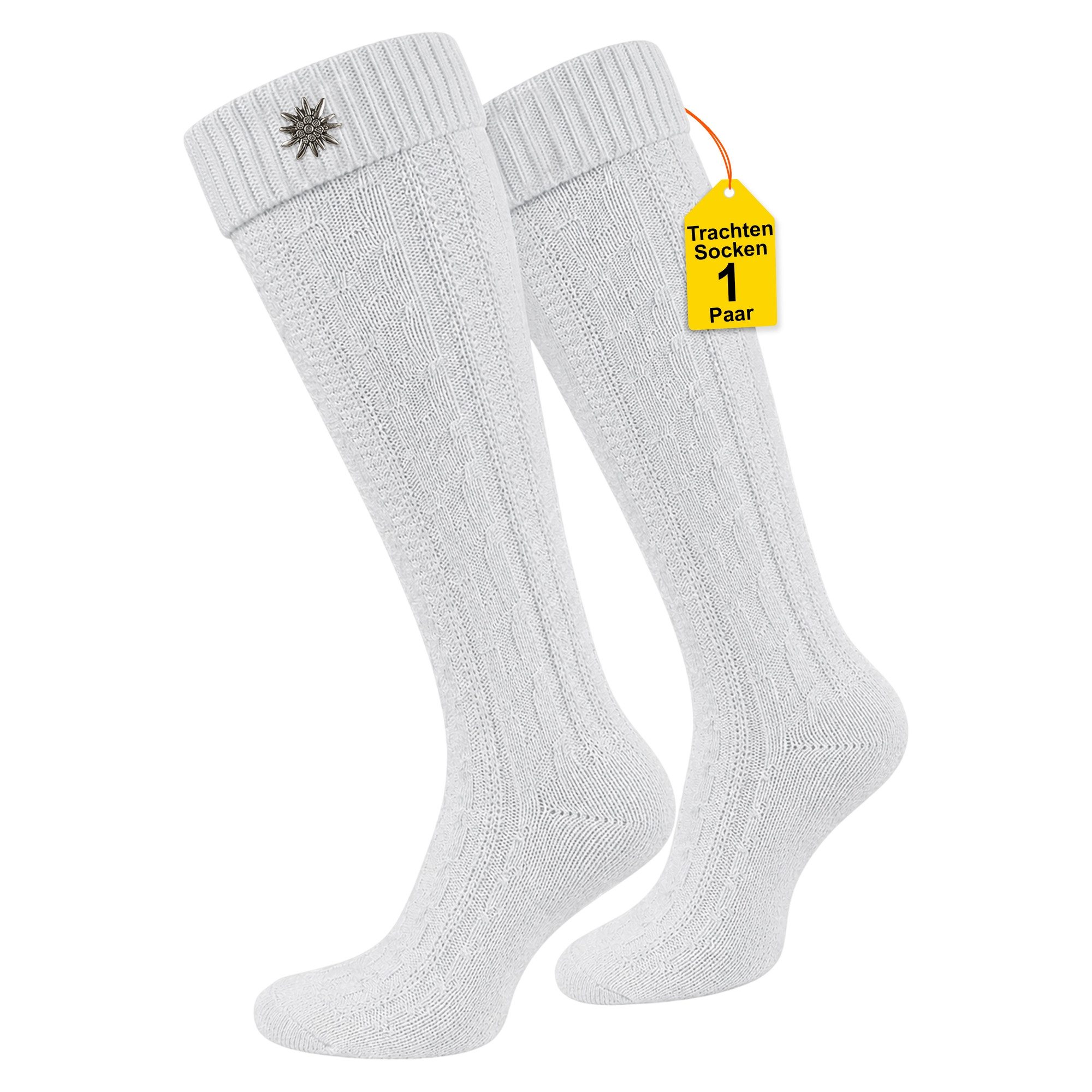 German Wear Trachtensocken GW200 Edelweiß Trachtensocken Trachtenstrümpfe Zopfmuster mit Edelweiß Pin 40cm