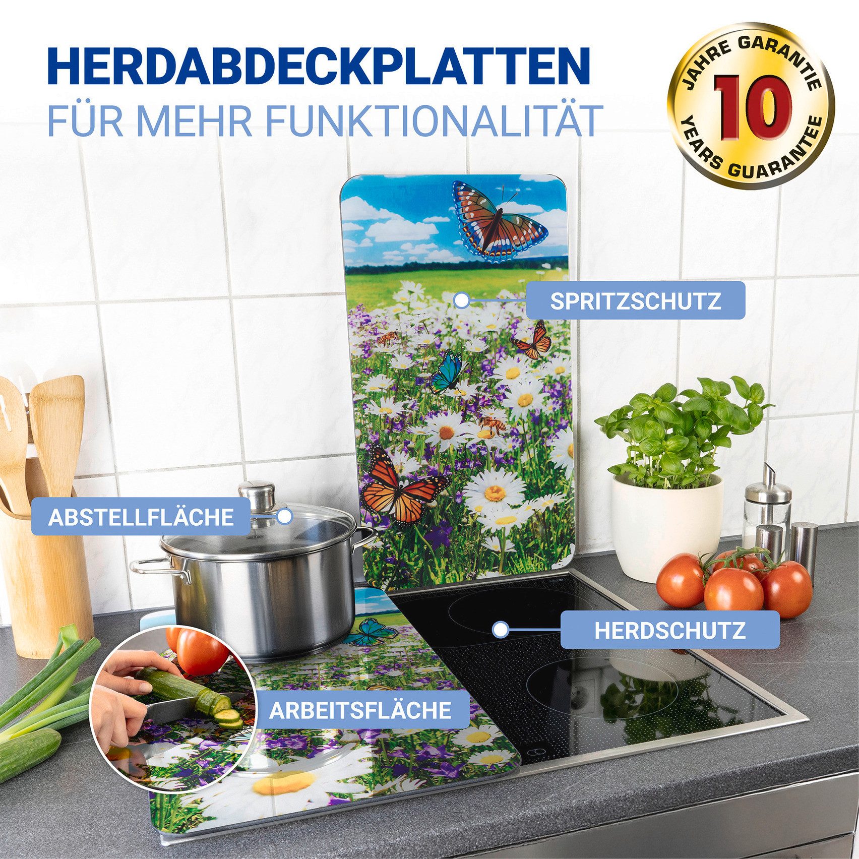 WENKO Herd-Abdeckplatte Universal Modell Sommerwiese, Glas, (Set, 2 tlg), Herdabdeckung für alle Herdarten, kratzfest, mit rutschfesten Füßen