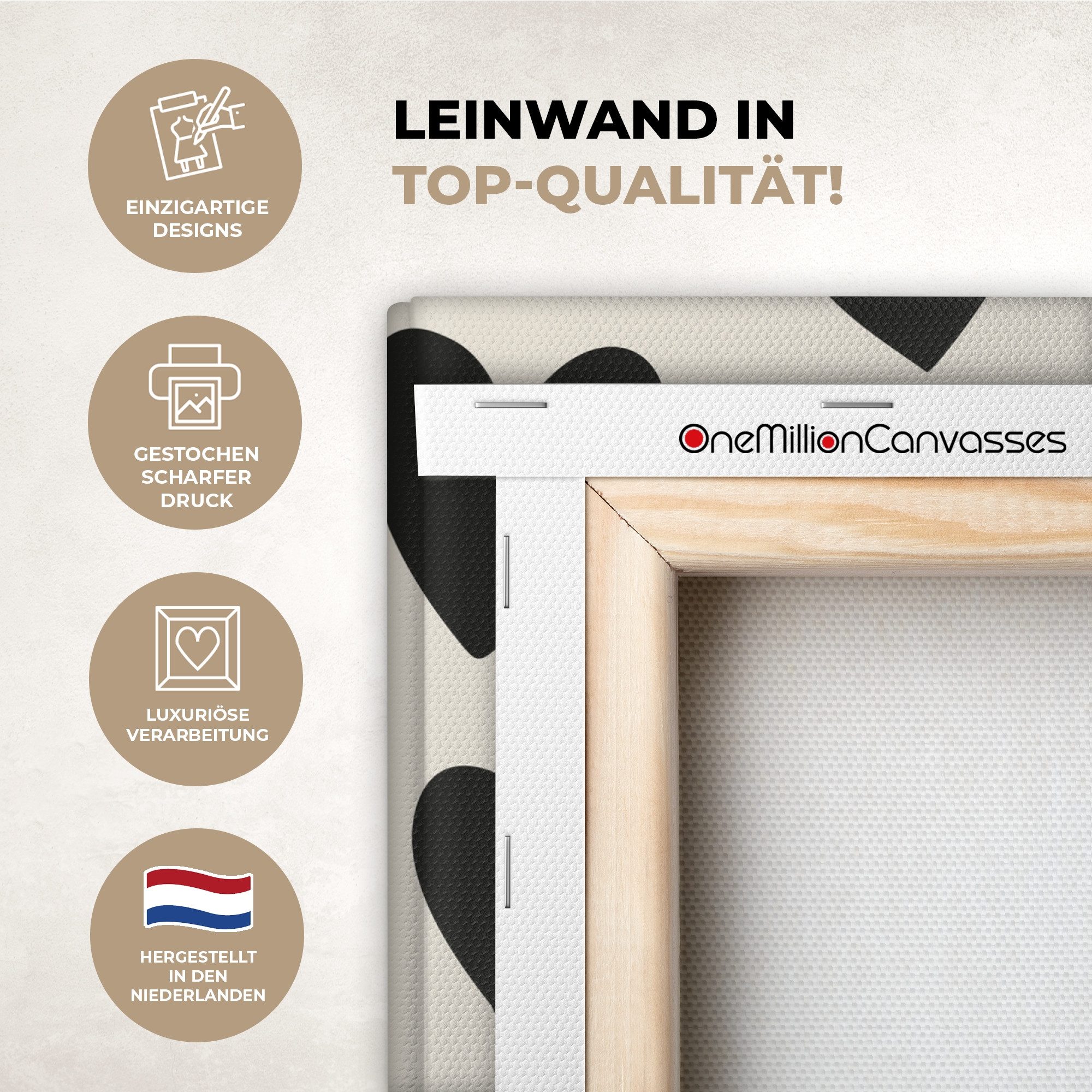 OneMillionCanvasses® Leinwandbild Herzen - Schwarz - Beige, Fotodruck (1 St), Wandbild, Deko Schlafzimmer Wohnzimmer Flur 20x20 cm
