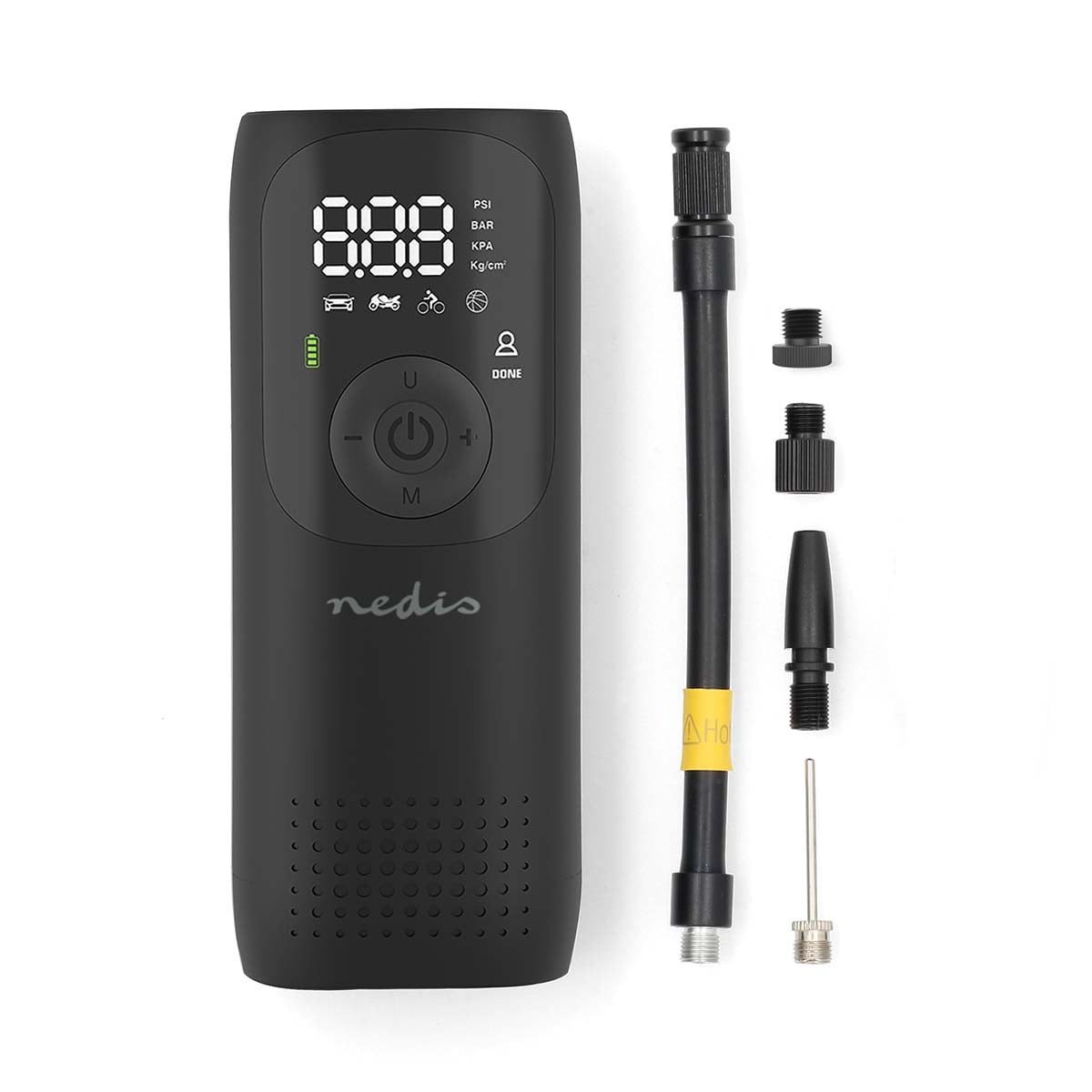Nedis Akku-Handkompressor PAAC10BK, 1-tlg., Wiederaufladbar, Auto-Stopp, digitaler Druckmesser, 4 Betriebsarten
