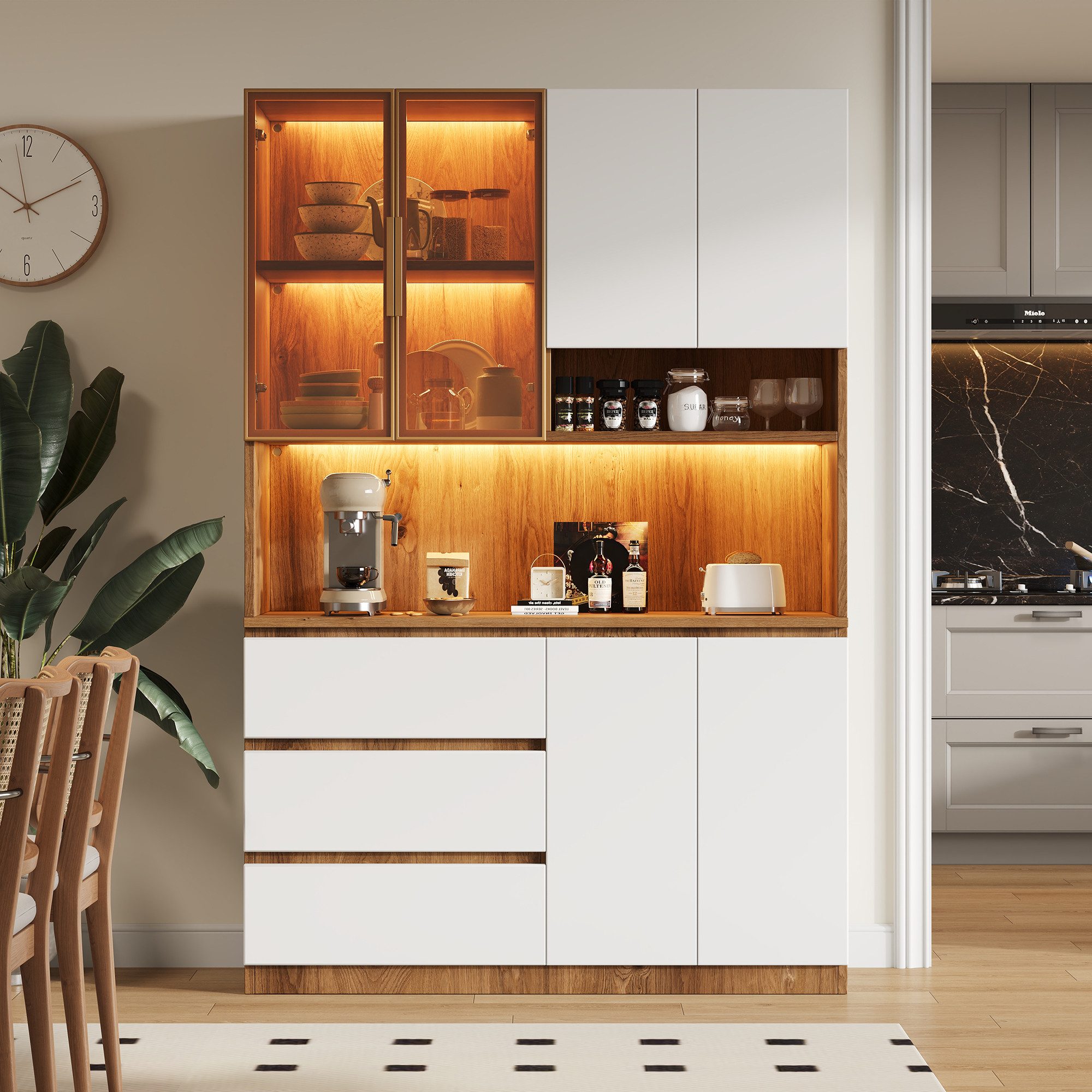 Celya Küchenbuffet Küchenschränke, Küchenvitrinen mit LED-Beleuchtung (mit 3 Schubladen, 6 Türen und Ablagebrettern) ideal für den täglichen Einsatz in Küche, Esszimmer oder Wohnbereich