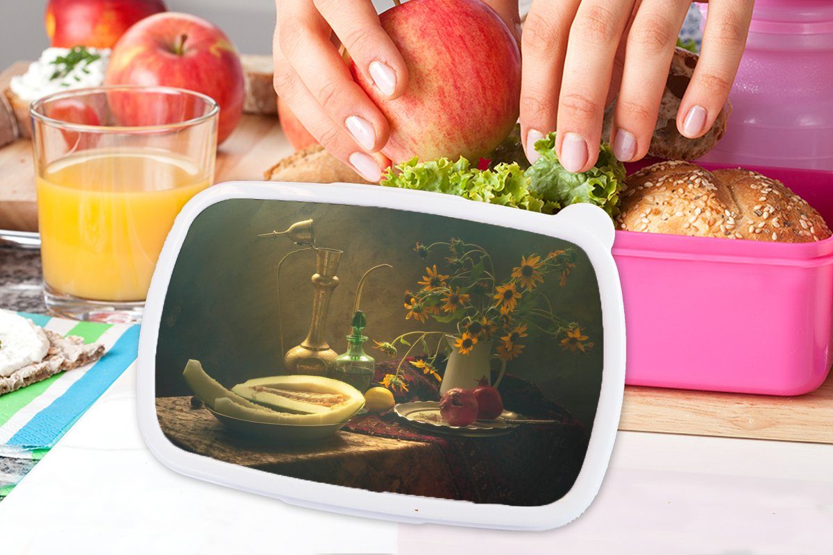 Kunststoff - Obst Sonnenblume Kunststoff, für MuchoWow - - Mädchen, Stilleben - Erwachsene, Malerei Blitz, (2-tlg), Snackbox, Kinder, -Kunst Brotdose Lunchbox rosa Brotbox