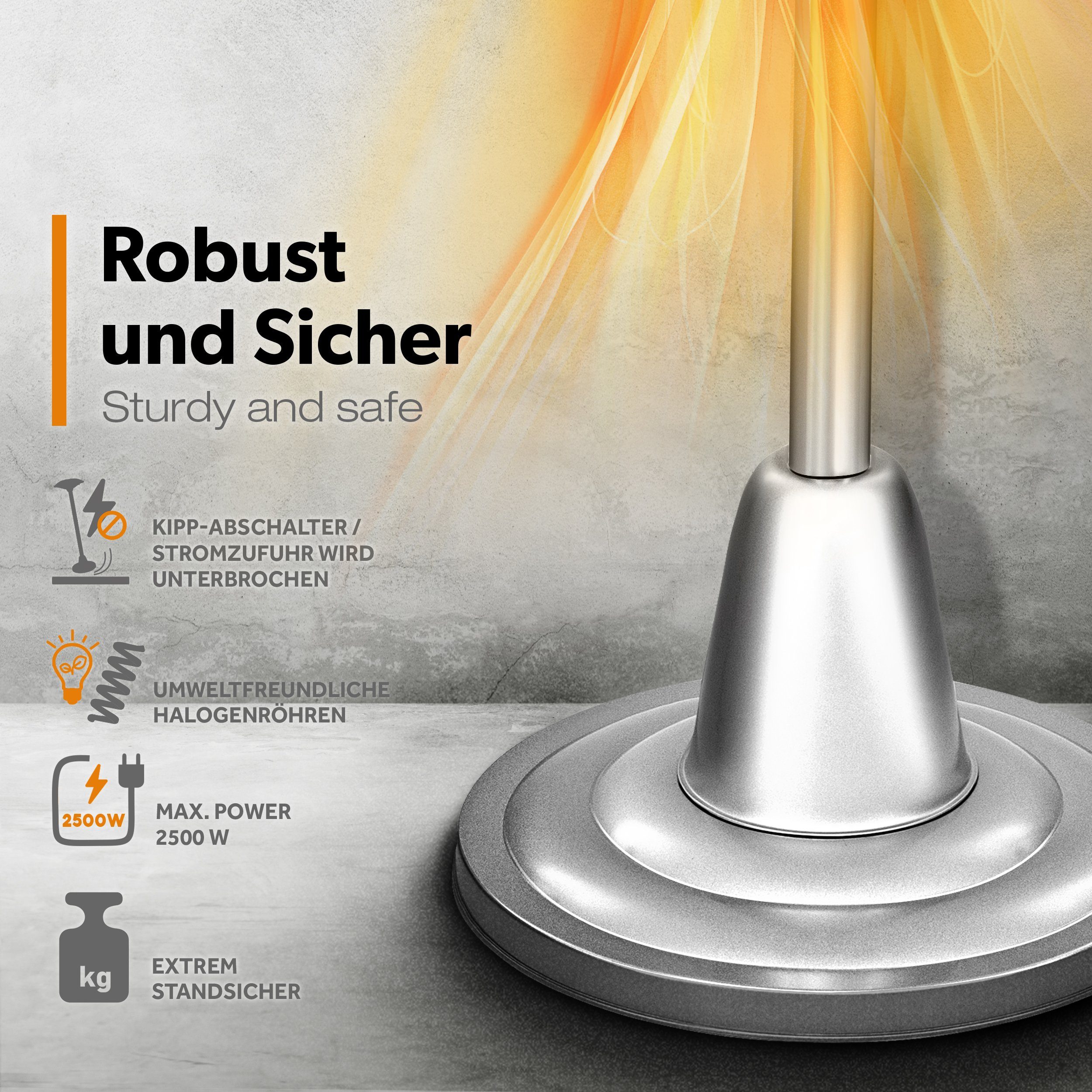 TRESKO Heizstrahler Infrarot Heizpilz, Wärmestrahler Terrasse elektrisch Heizstufen, 2500 W, Terrassenstrahler Innen & Außen, Standheizstrahler mit LED-Anzeige