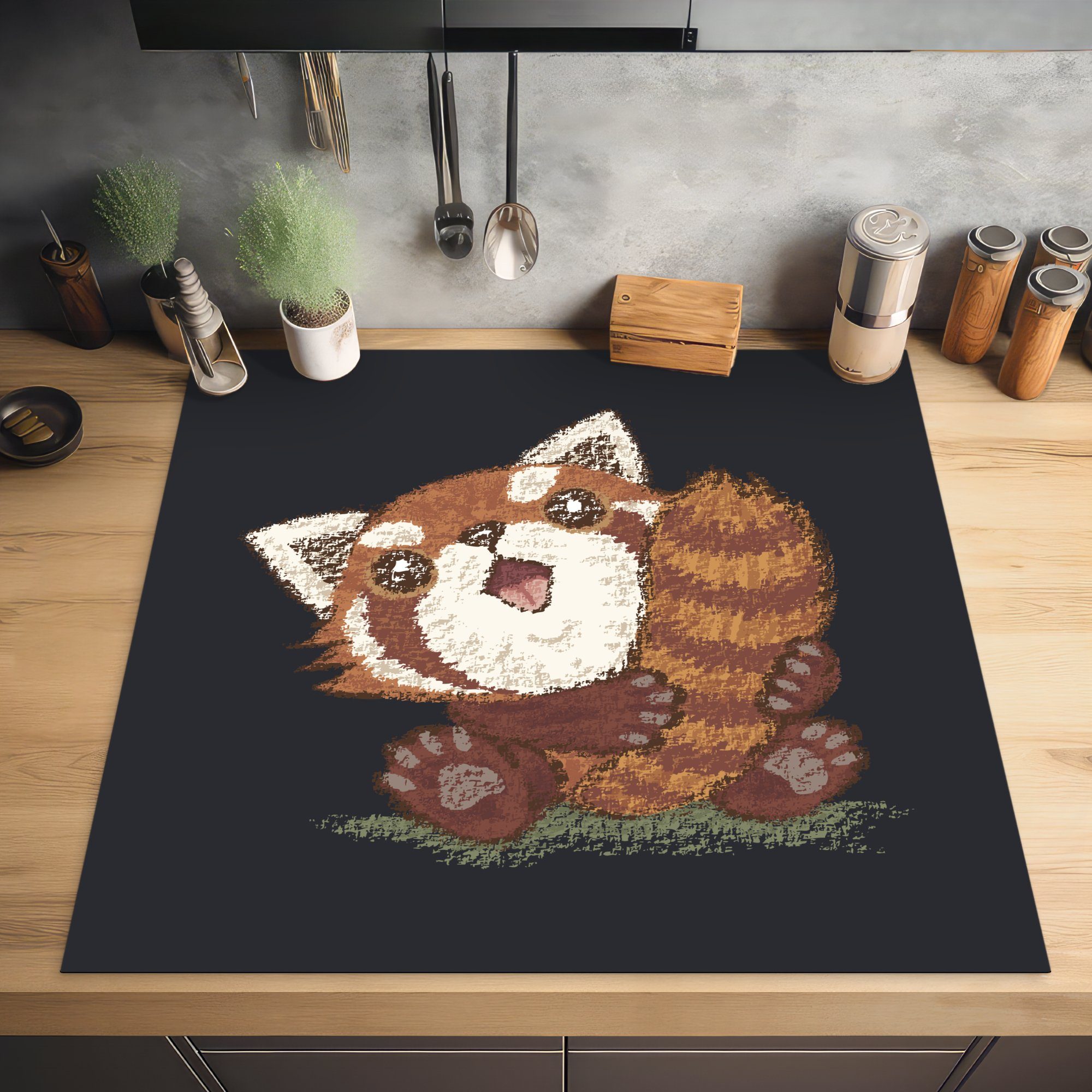 tlg), roten Herdblende-/Abdeckplatte eines MuchoWow 78x78 (1 Vinyl, küche Schwanz, für Arbeitsplatte Ceranfeldabdeckung, Pandas seinem mit Illustration cm,