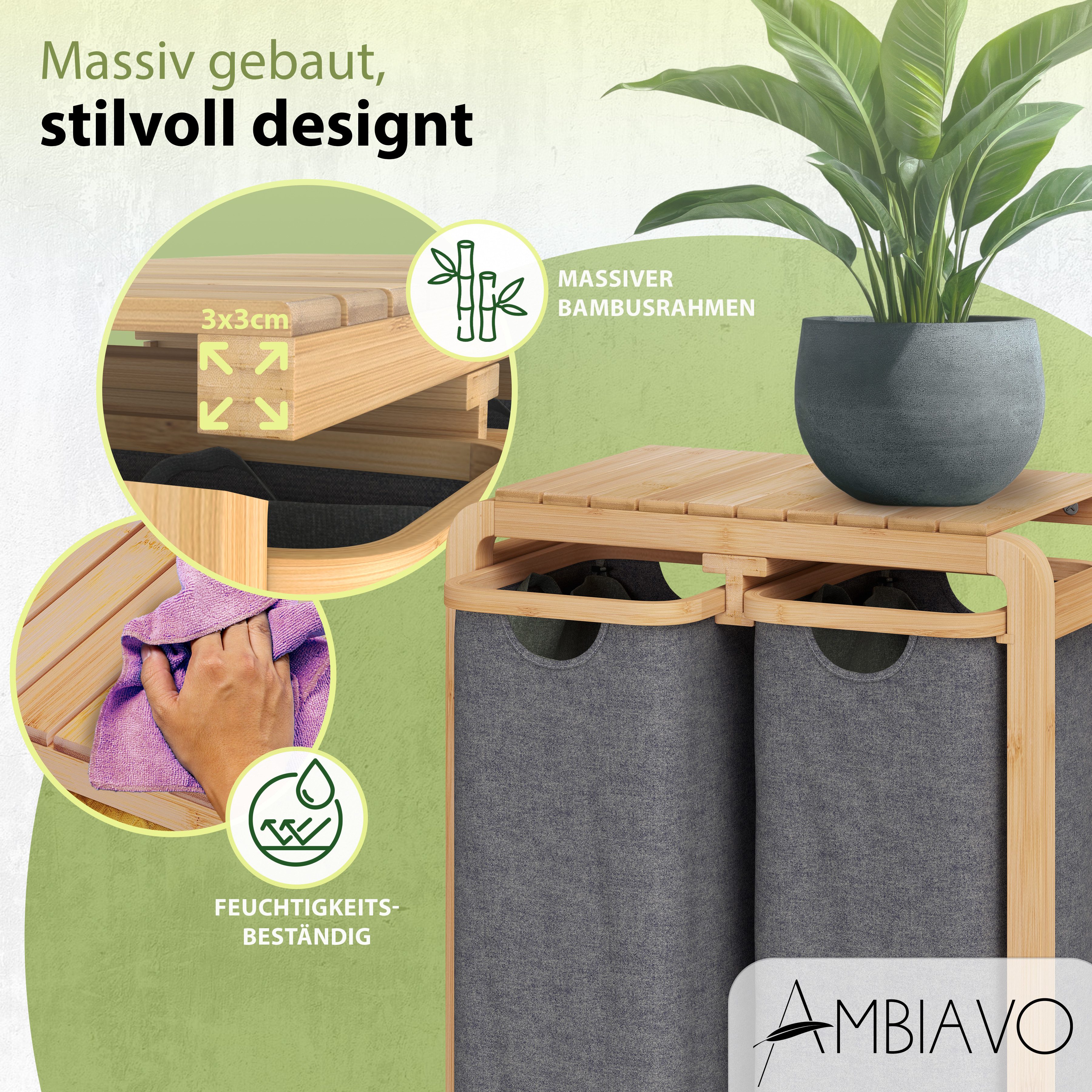 AMBIAVO Wäschekorb 2 Fächer mit waschbaren Baumwollsäcken, 100 L Volumen, stabiler 3x3 cm Bambusrahmen, innovatives Design – Bild 5 von 5