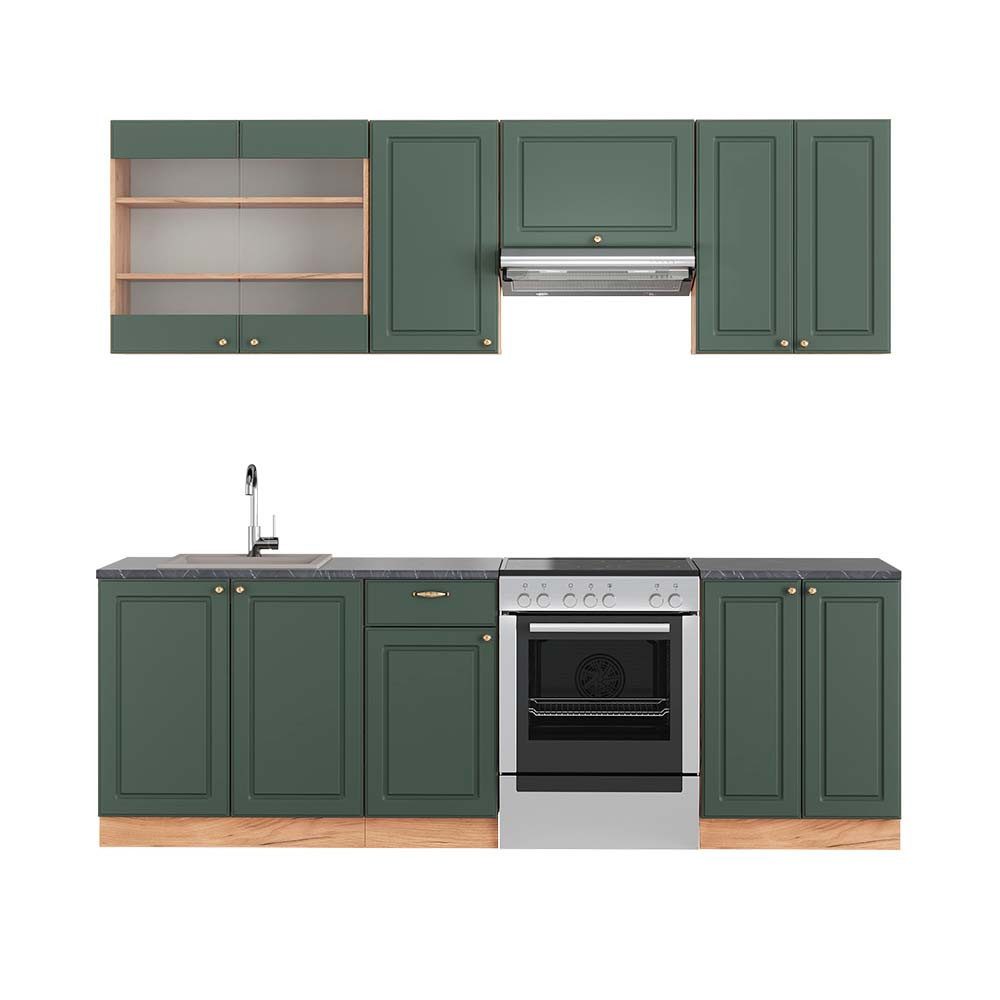 Vicco Küchenzeile Fame-Line, Grün-Gold Landhaus/Goldkraft Eiche, 240 cm, AP Anthrazit