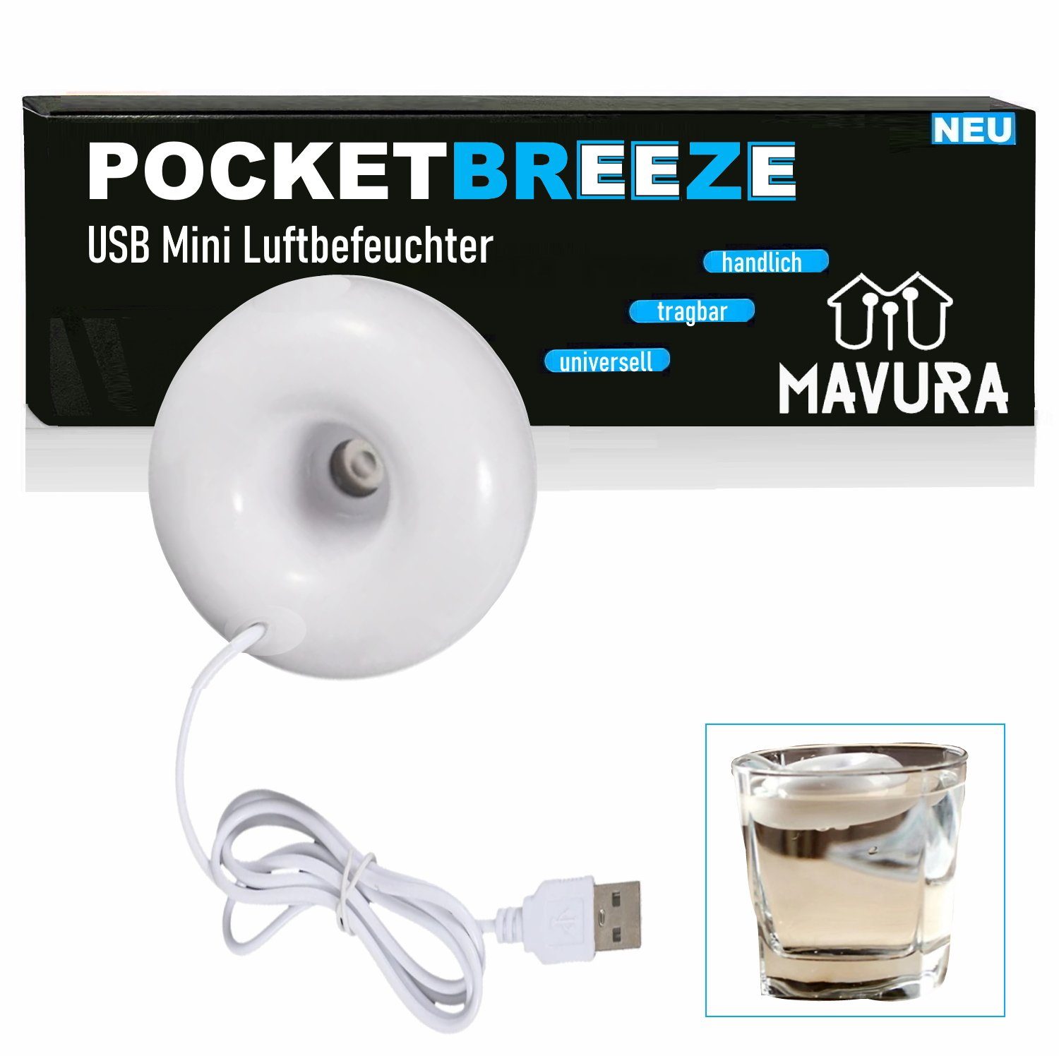 MAVURA Luftbefeuchter POCKETBREEZE USB Mini Luftbefeuchter & Aroma Diffuser, Ultraschall-Vernebler Humidifier weiß