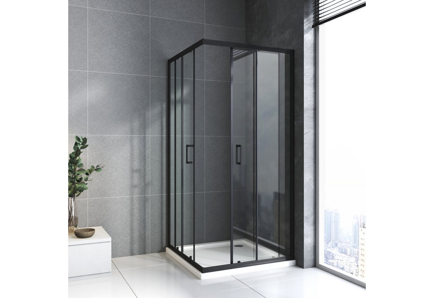 Thumbnail - Boromal Eckdusche Duschkabine Schwarz 80x80 x185cm, BxT: 80x80 cm, 5mm Sicherheitsglas, Schiebetür Klar Glas, (78-80) x ...
