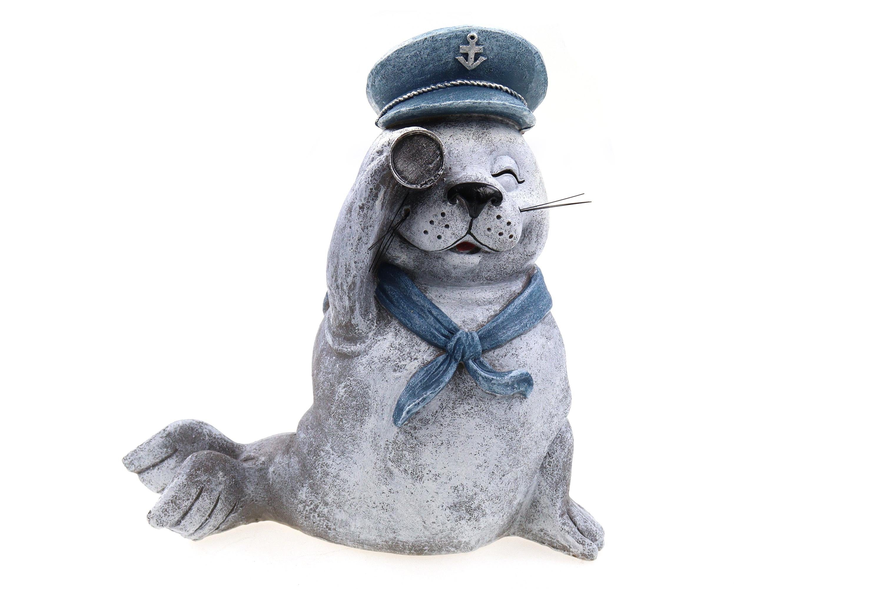 ELLUG Dekofigur Deko-Figur graue Robbe aus Kunststein mit Fernglas und Matrosenmütze