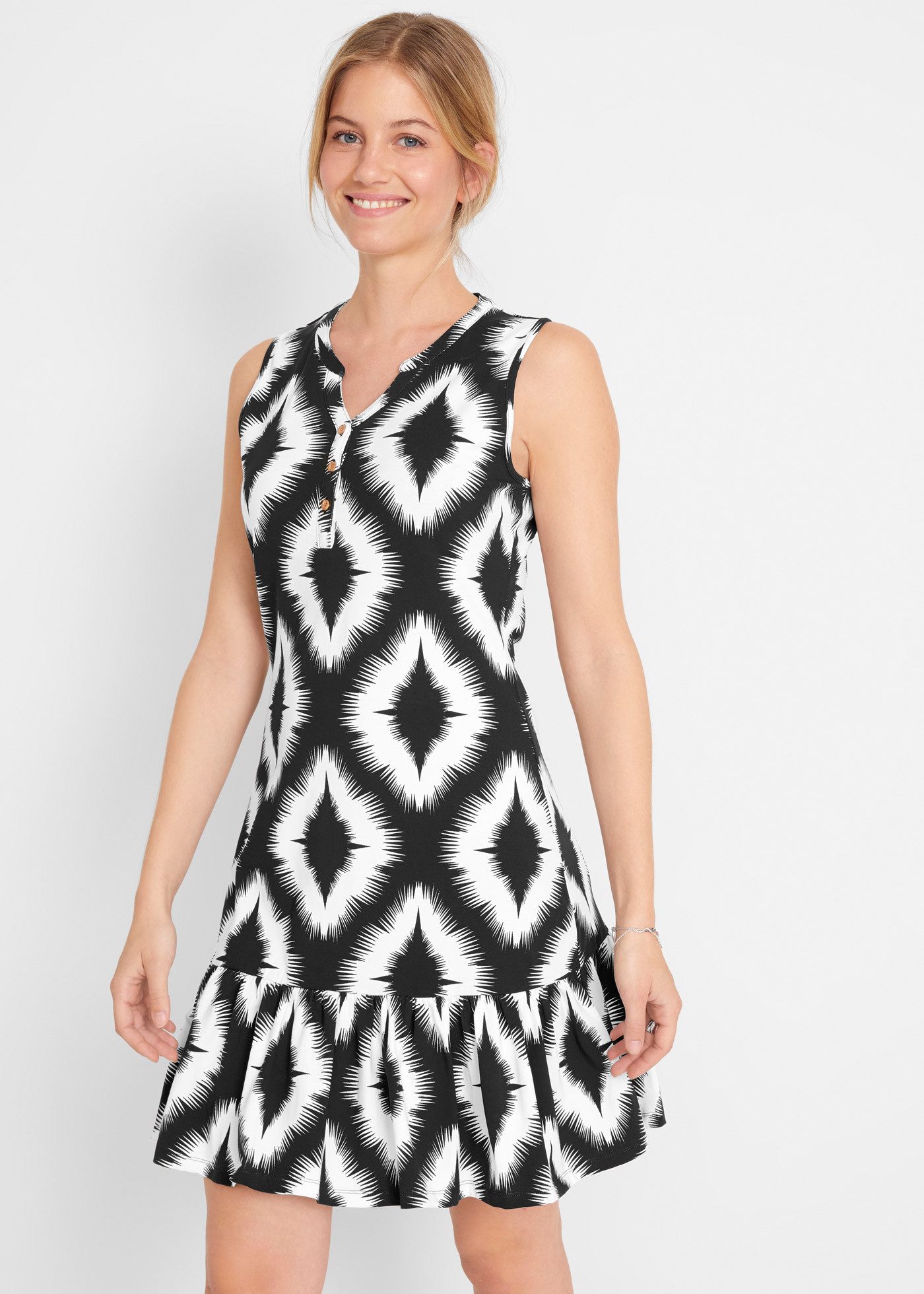 bonprix Jerseykleid mit Alloverprint und Volant am Saum