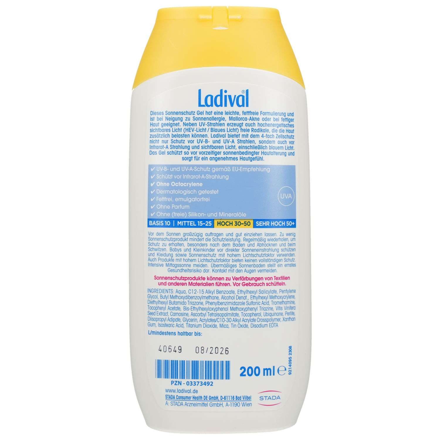 Ladival Sonnenschutzcreme LADIVAL allergische Haut Gel LSF 30 200ml PZN 03373492 MHD 08/2026