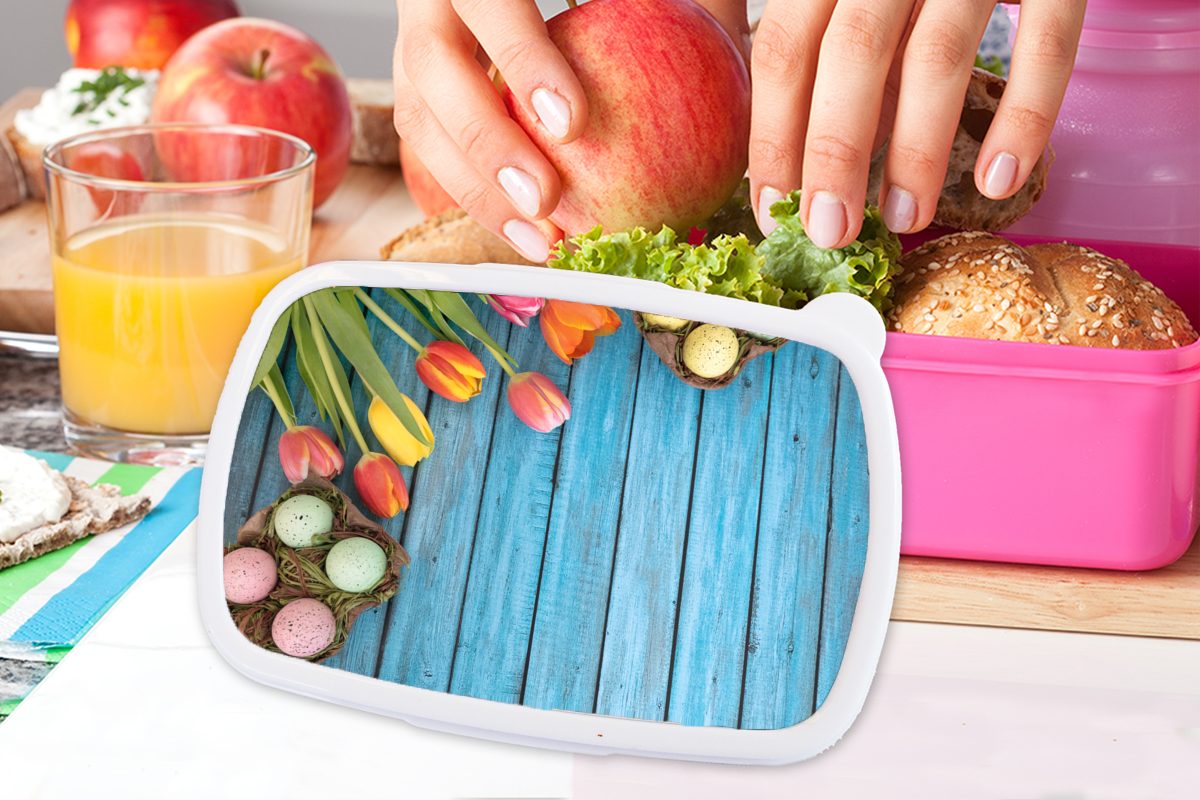 MuchoWow Lunchbox Ostereier hölzernen Brotdose Kunststoff, für Snackbox, zu Brotbox Kinder, auf Hintergrund, bunte (2-tlg), Erwachsene, rosa einem und Mädchen, Tulpen Ostern Kunststoff