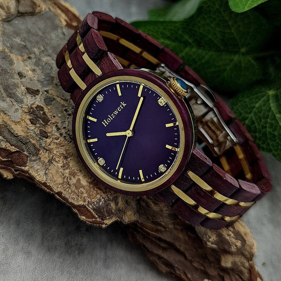 Holzwerk Quarzuhr MARLOW edle Damen Strass Holz Armband Uhr in lila, braun  & gold