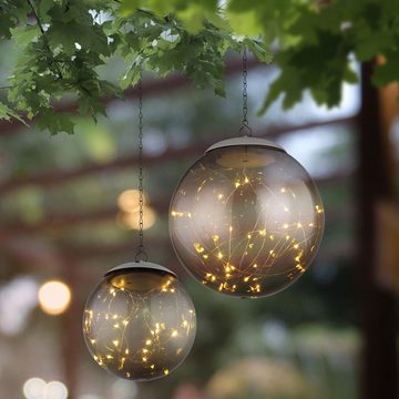 etc-shop Außen-Deckenleuchte, LED-Leuchtmittel fest verbaut, Warmweiß, 2x LED Solar Hänge Leuchten Kugel Design Garten Deko Lichterkette