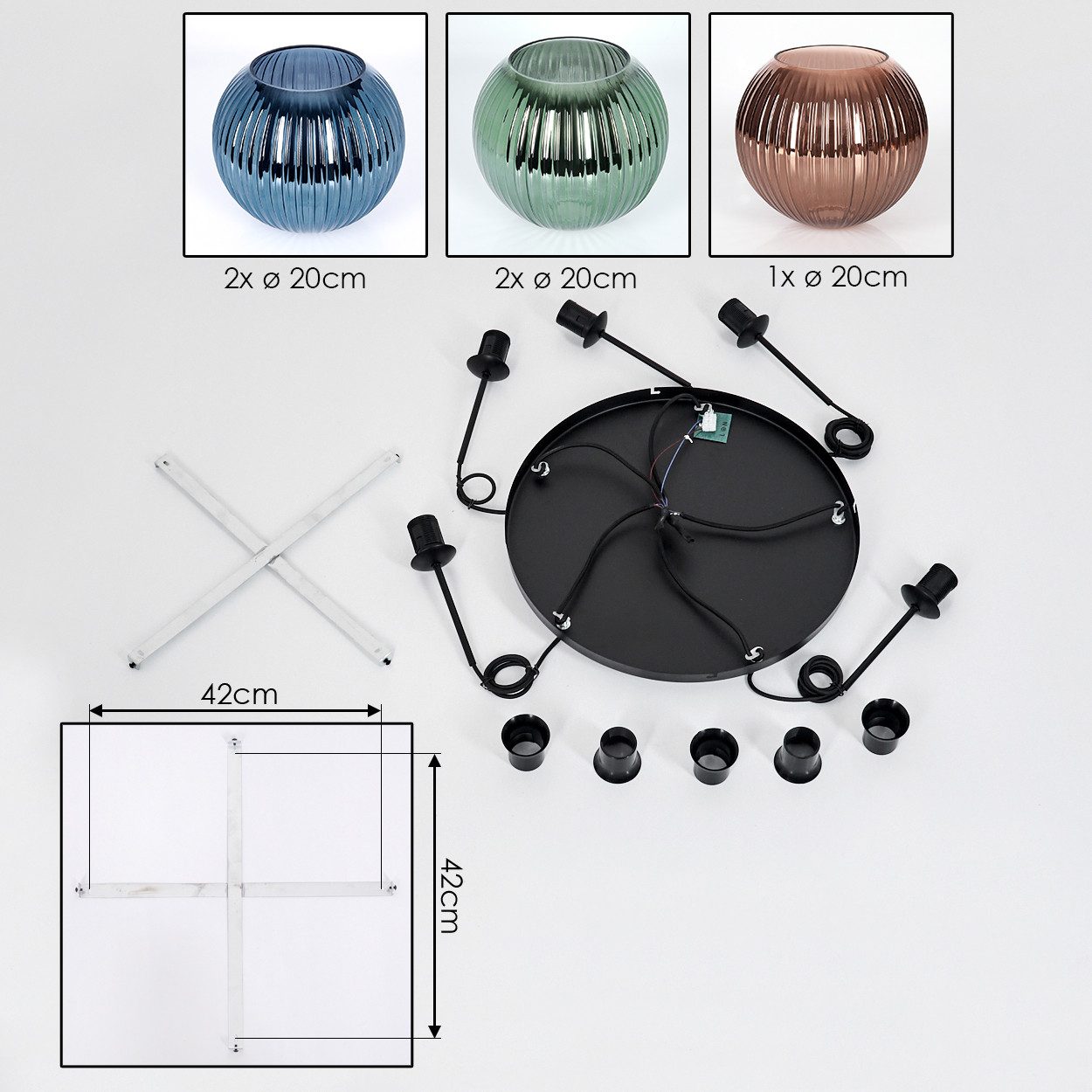 hofstein Hängeleuchte Hängelampe aus Metall/Riffelglas in Schwarz/Grün/Blau/Kupfer, Hängeleuchte im modernen Retro/Vintage-Design (20 cm), 5 x E27