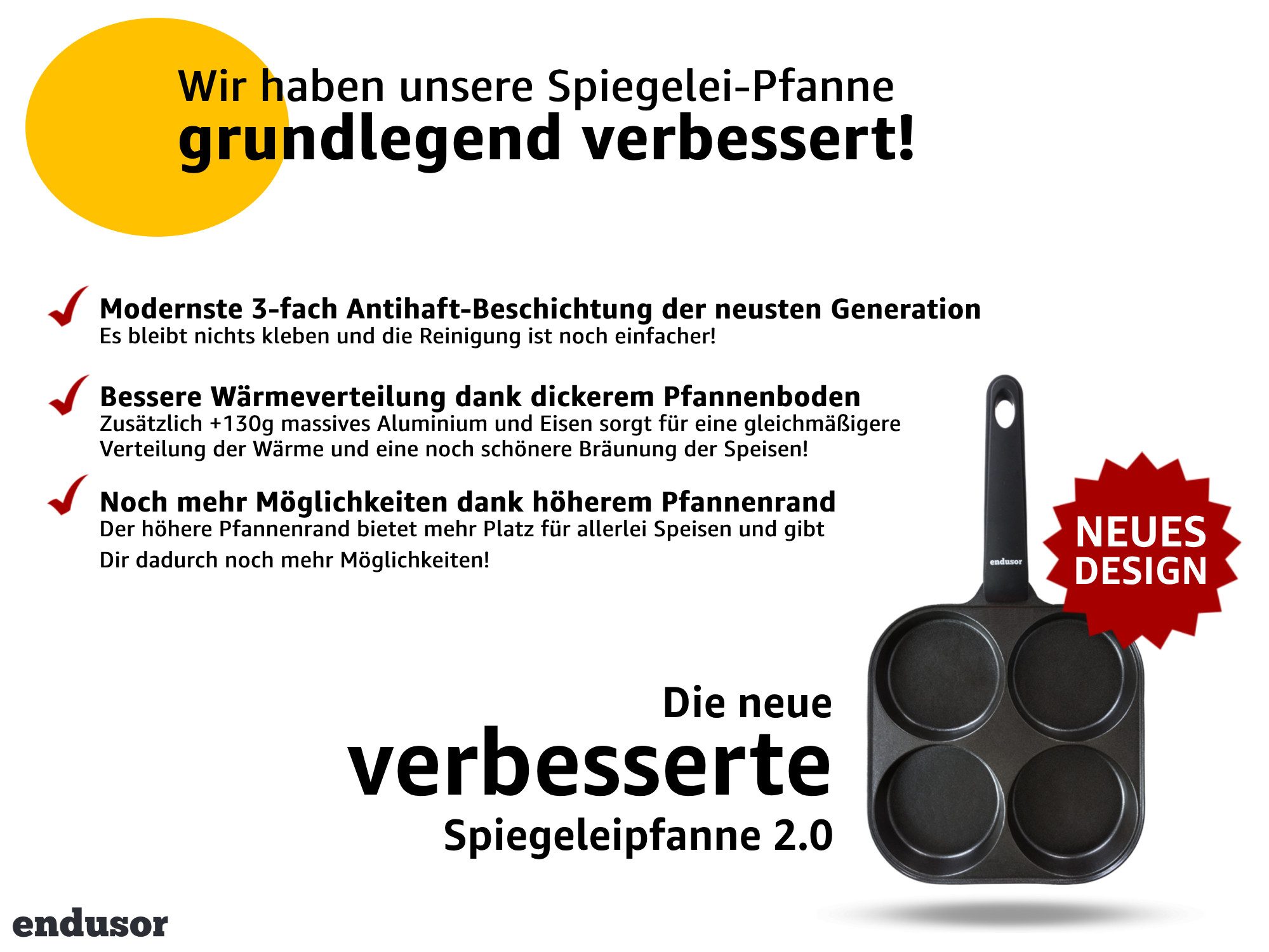 endusor Bratpfanne Spiegeleipfanne & Pancake Pfanne (21 cm), Aluminiumguss (Alle Herdarten auch Induktion), Antihaft-Beschichtung, Eisenkernboden, für Spiegelei – Bild 4 von 5
