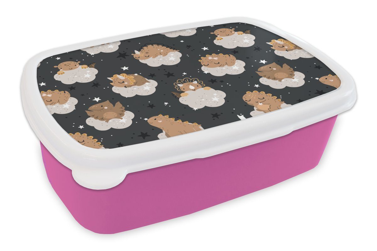 MuchoWow Lunchbox Muster (2-tlg), Kinder, - Mädchen, Jungen Erwachsene, Brotbox Kunststoff, für Snackbox, Dino Kunststoff - Kinder, rosa Brotdose 