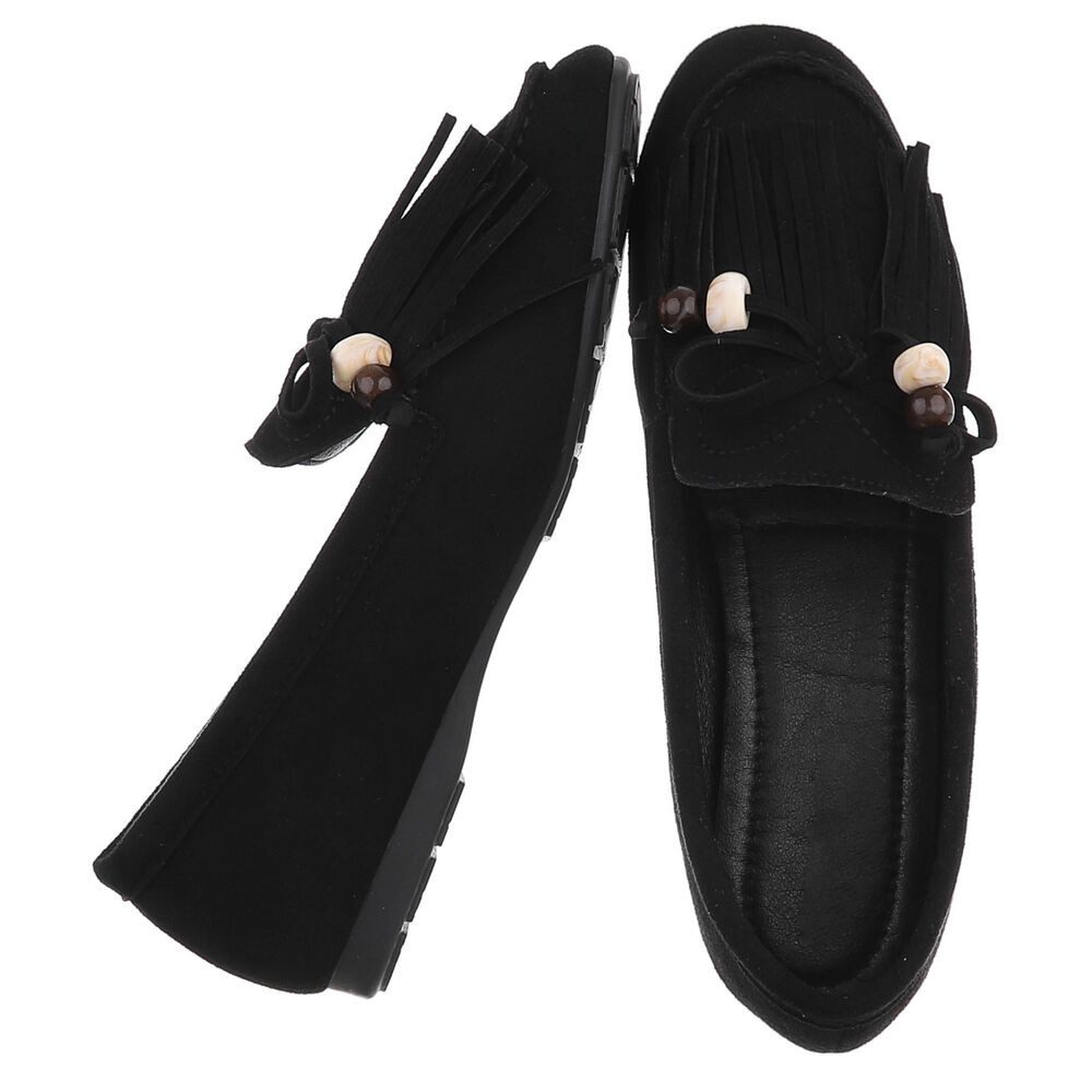 Ital-Design Eleganter Mokassin für Damen mit fransigem Design Slipper (91554662) Flach Mokassins in Schwarz