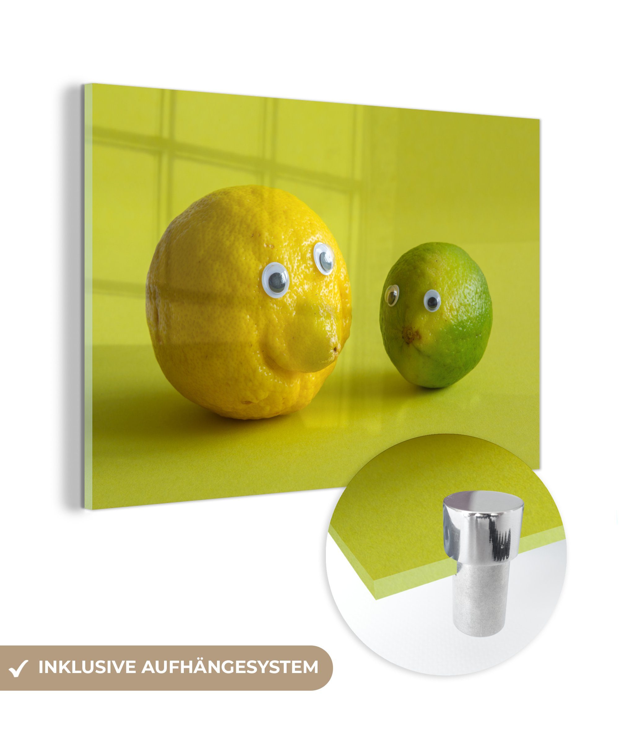 MuchoWow Acrylglasbild Zitrone und Limette mit Glotzaugen, (1 St), Acrylglasbilder Wohnzimmer & Schlafzimmer