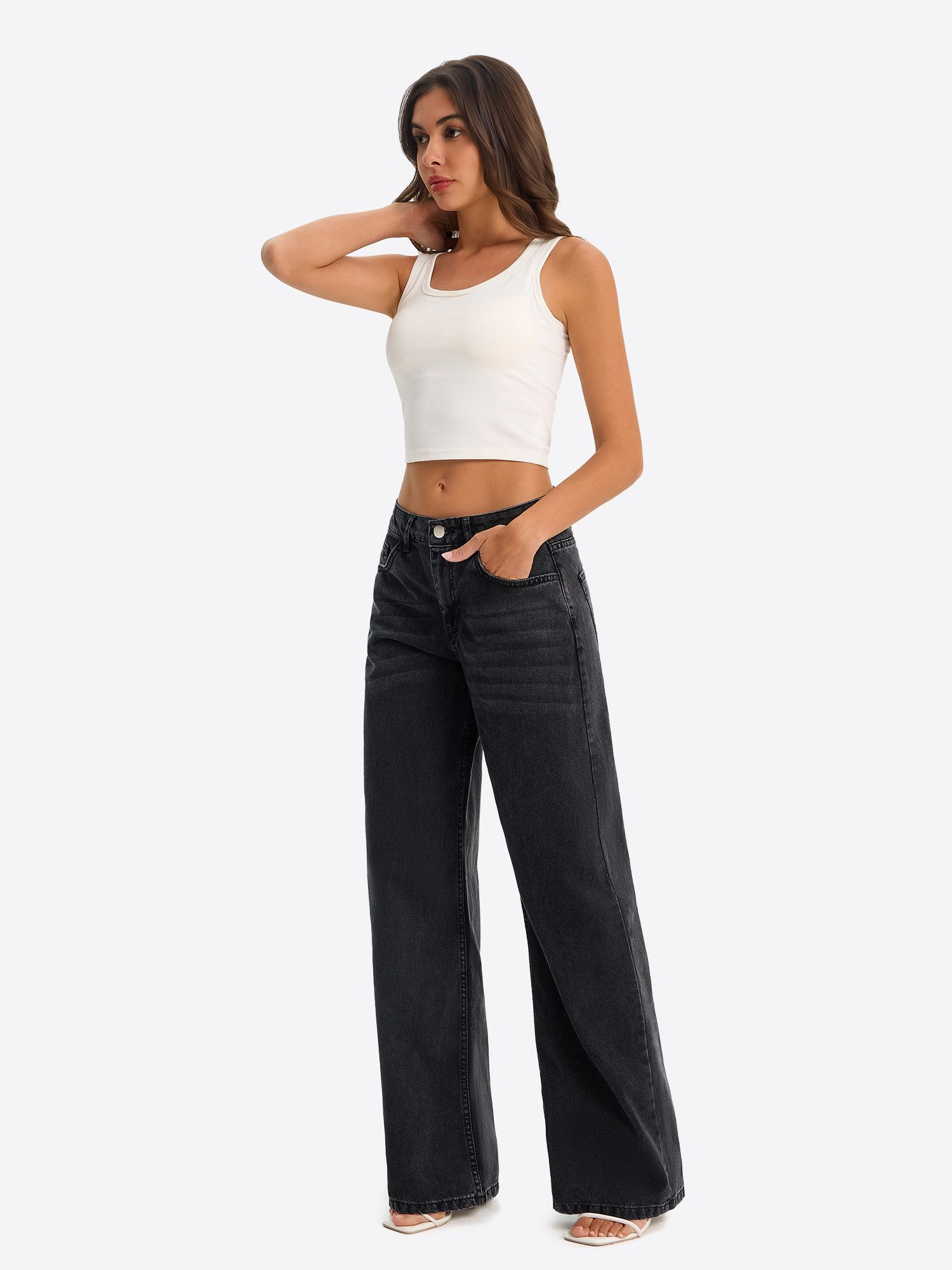 Imily Bela Boyfriend-Jeans Damen Low-Waist Wide Leg Jeans aus Baumwolle Denim Baggy mit Waschung (Packung, 1-tlg., 1per-Pack) 4-Pocket Style in Unifarbe