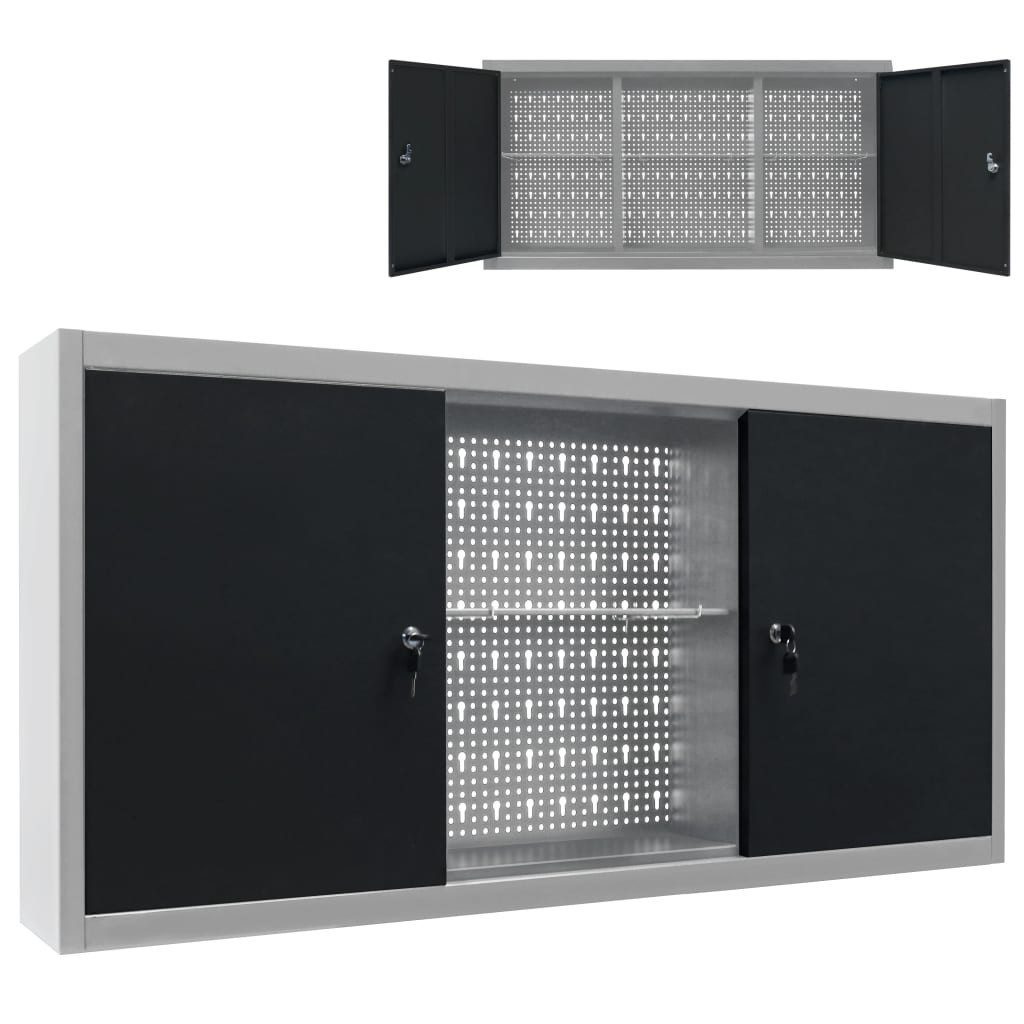 furnicato Werkzeugschrank 120x19x60 cm Grau Schwarz mit verstellbaren Fachböden (1-St) Abschließbare Werkzeugwand mit Lochplatte und 3 verstellbaren Böden
