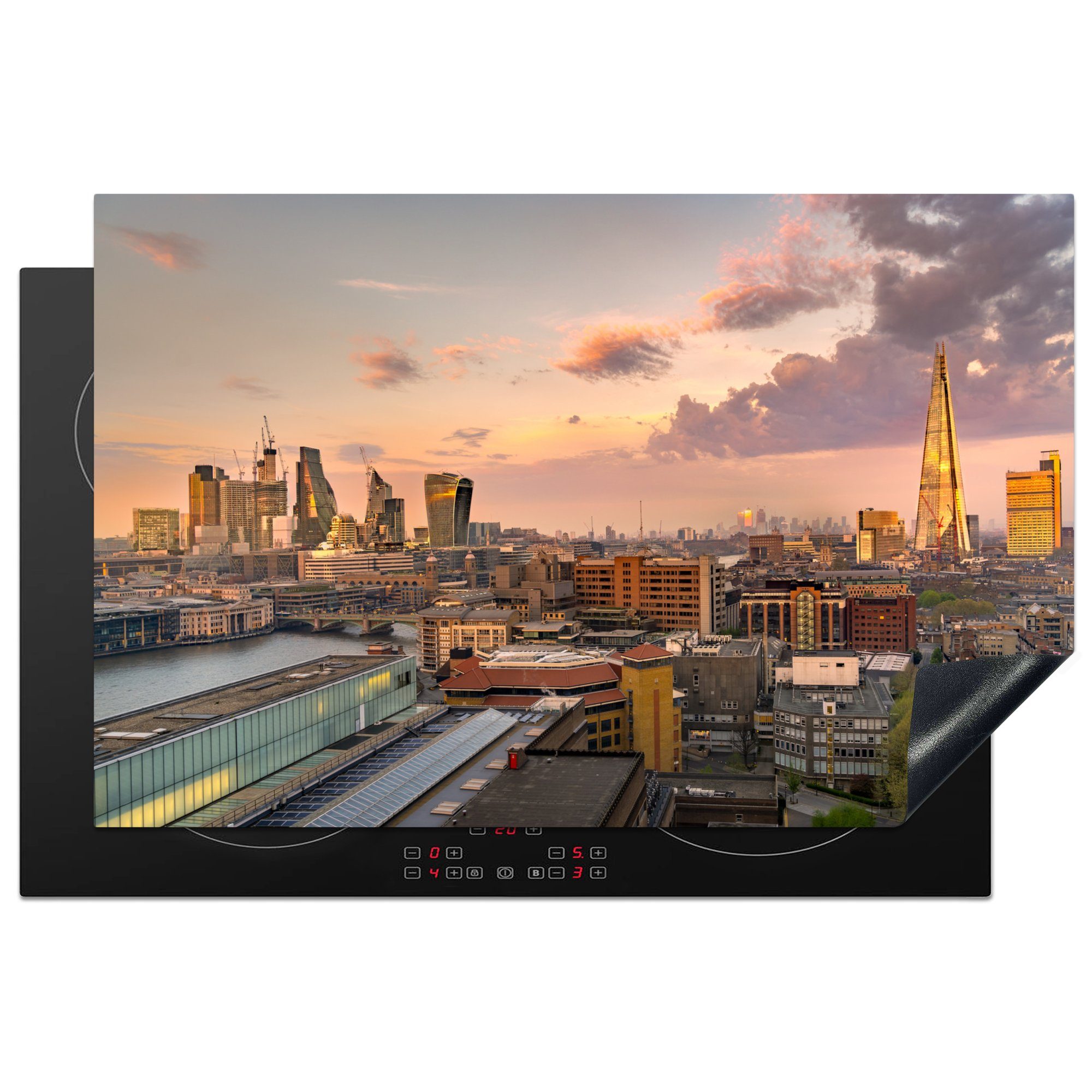 MuchoWow Herdblende-/Abdeckplatte Die Skyline von London mit der Millennium Bridge im Vordergrund, Vinyl, (1 tlg), 81x52 cm, Induktionskochfeld Schutz für die küche, Ceranfeldabdeckung