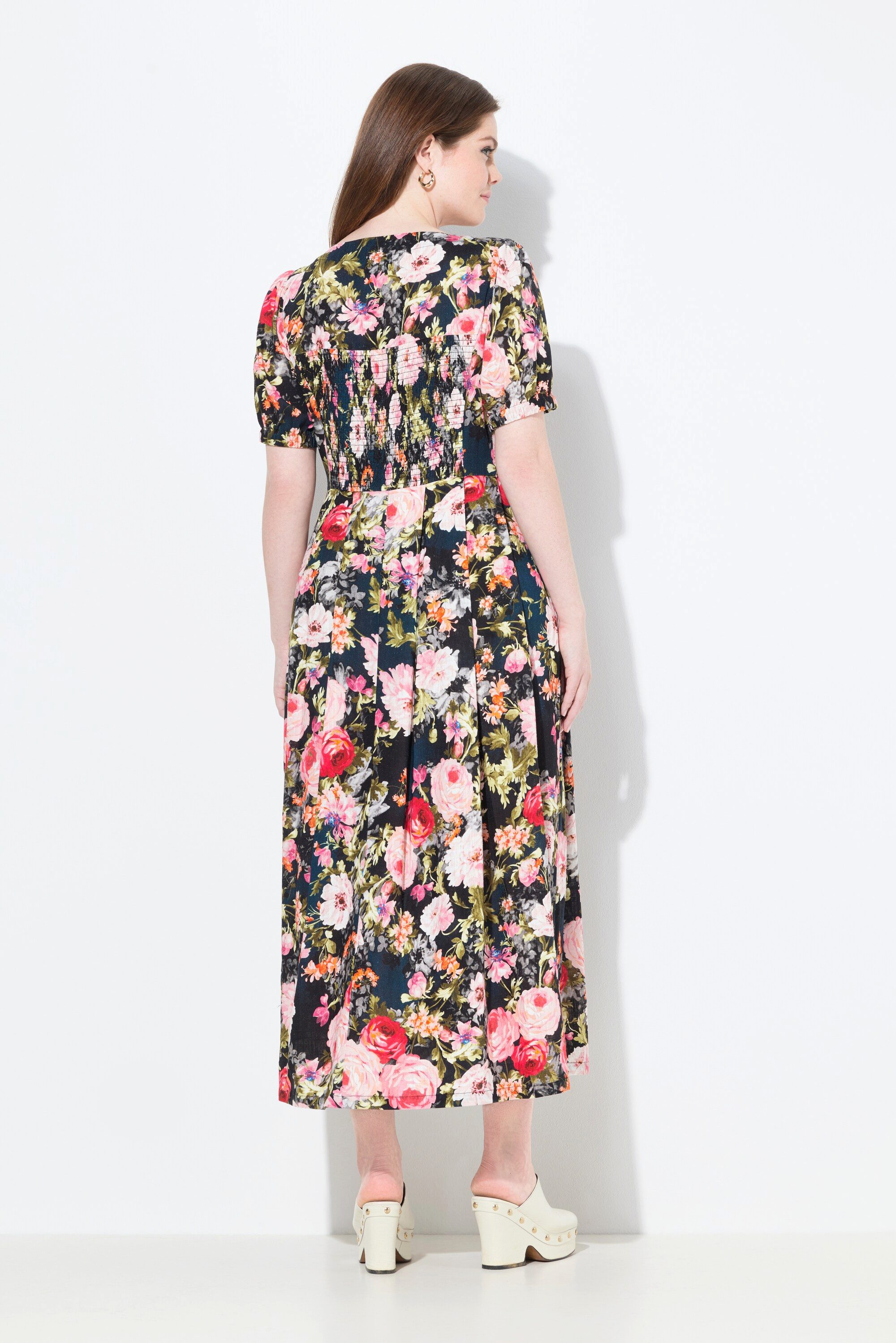 Ulla Popken Dirndl Maxikleid Leinenmix Blüten Rundhals Halbarm