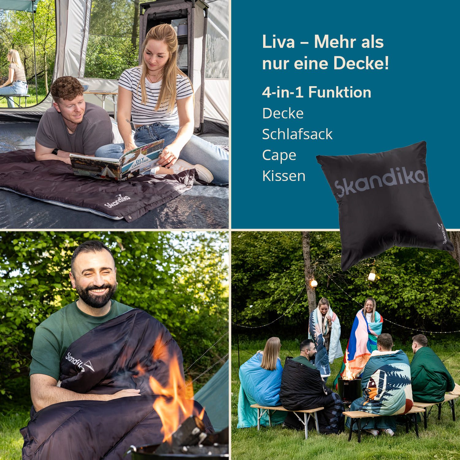 Skandika Deckenschlafsack Campingdecke Liva, 4-in-1, Outdoor Decke, 200x135cm, Überwurf, Kissen, mit Nylon Unterseite, Polyester, wasserdicht