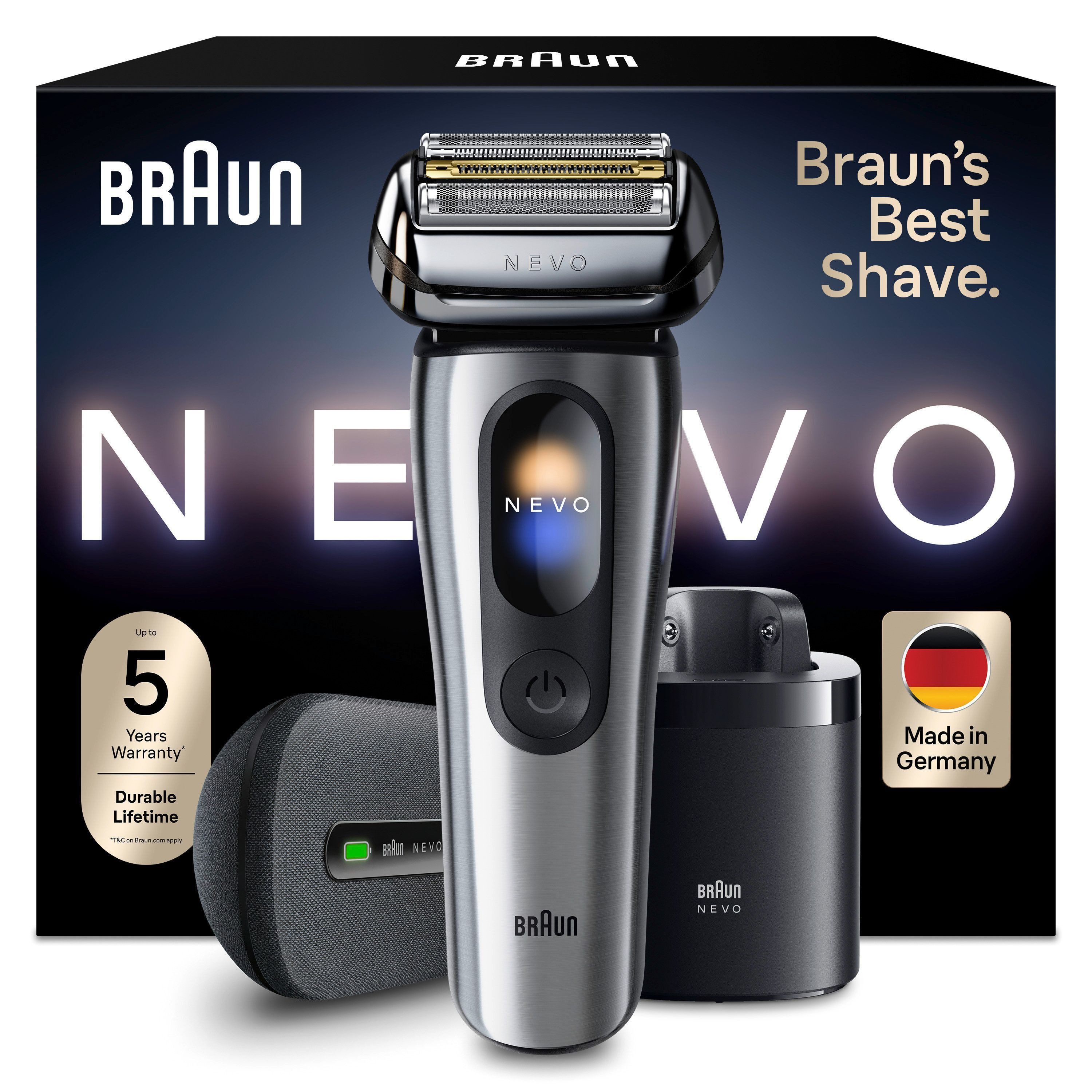 Braun Elektrorasierer NEVO 17000cc, SmartClean-Plus-Reinigungsstation, integrierter Präzisionstrimmer, AeroTouch, Smart Display, 7-in-1 Care System, Lade-Reiseetui, Silber
