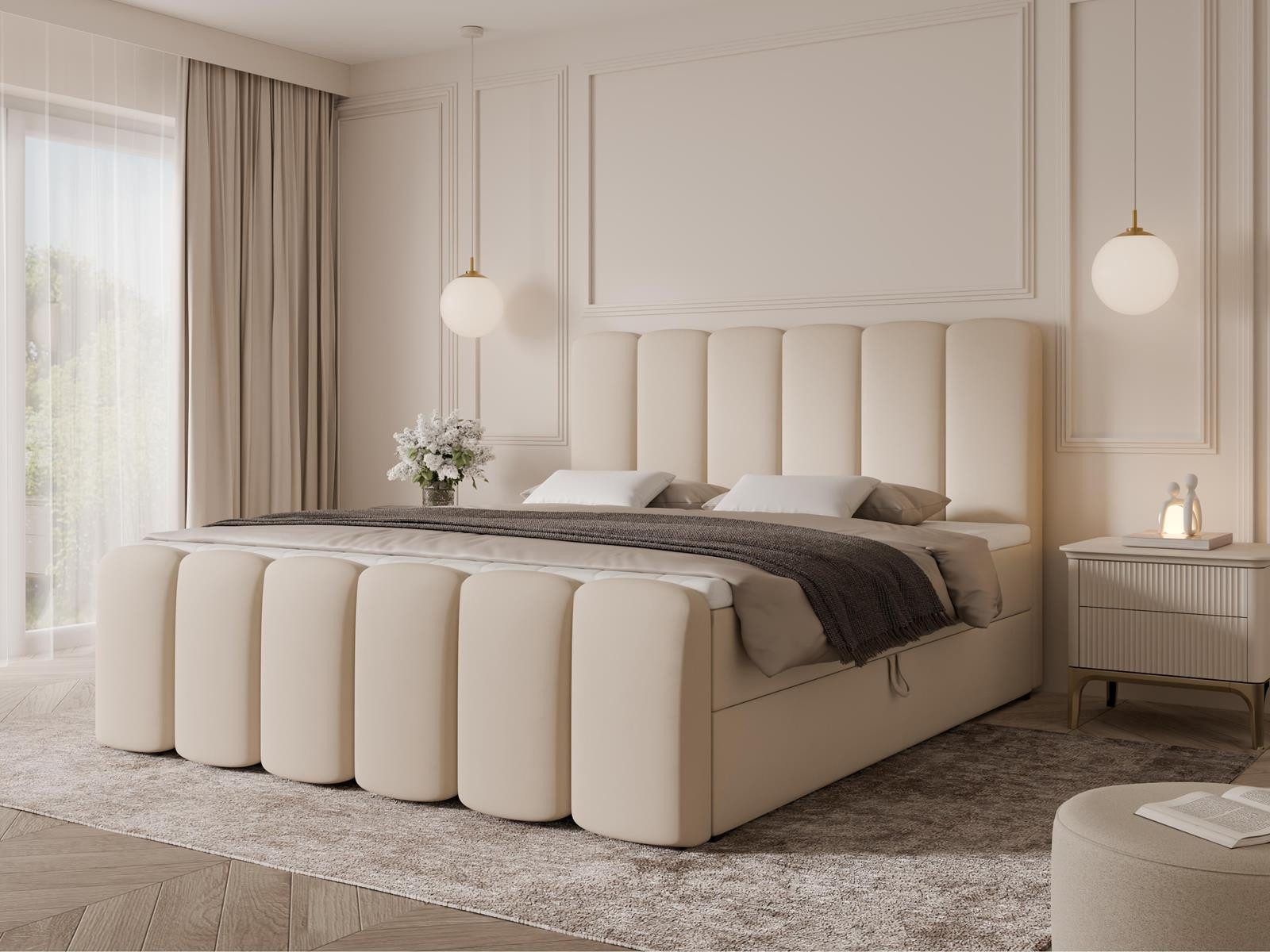 Compleo Boxbett Wolkenbett, Bequem H3 CAOBA, Doppelbett gepolstertes Kopfteil mit Bettkasten