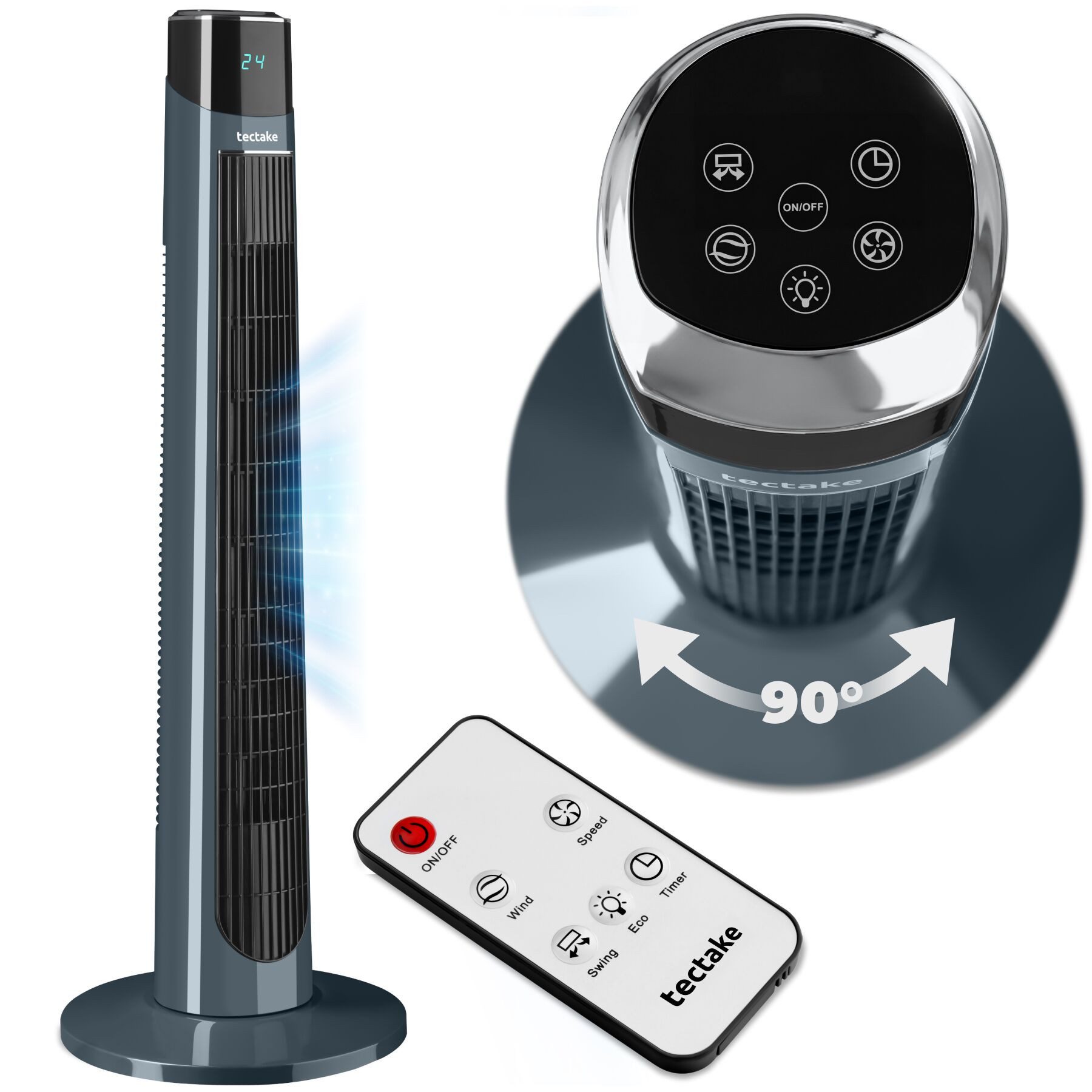 tectake Turmventilator Standlüfter Arktis in anthrazit, leise, Inkl. Fernbedienung, Schwenkfunktion, 3 Modi, 12-Stunden-Timer, Touchpanel und LED-Display