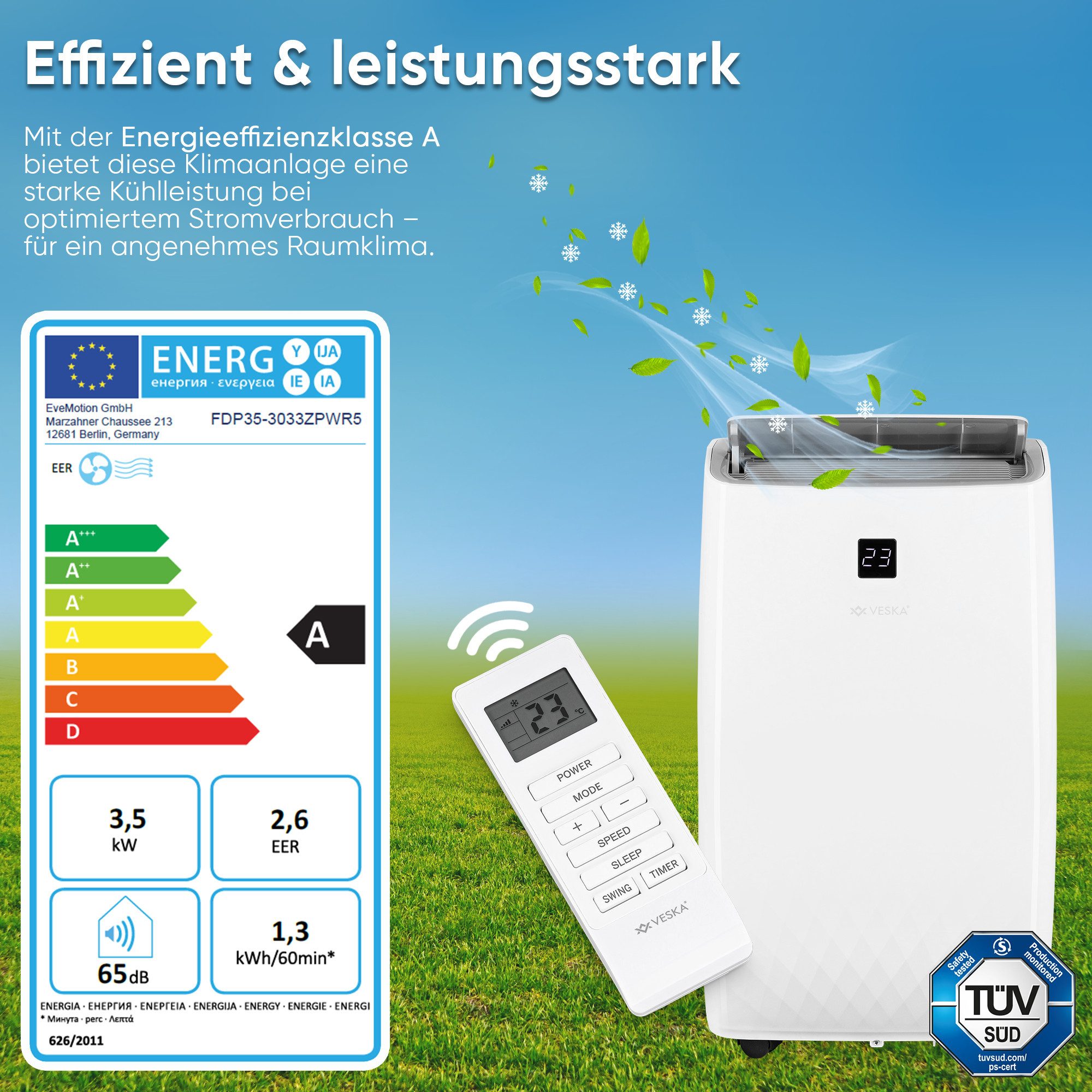 VESKA Portable Air Conditioner 12000 BTU/h - 3500 Watt, Monoblock with WiFi/App - Remote control, Timer, Dehumidifier