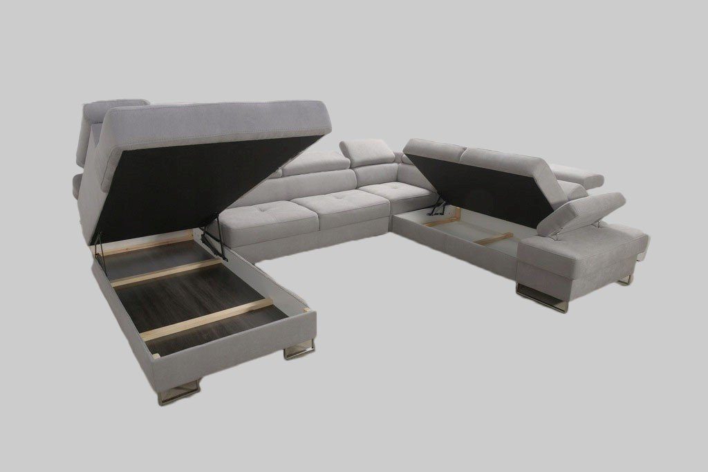 Möbel für Dich Wohnlandschaft XXL Stoff- und Galaxy 2 U-Form, verstellbare neun Farbauswahl, in Armlehne Kopfstützen, mit Bettkästen, Schlaffunktion, verstellbare Max1