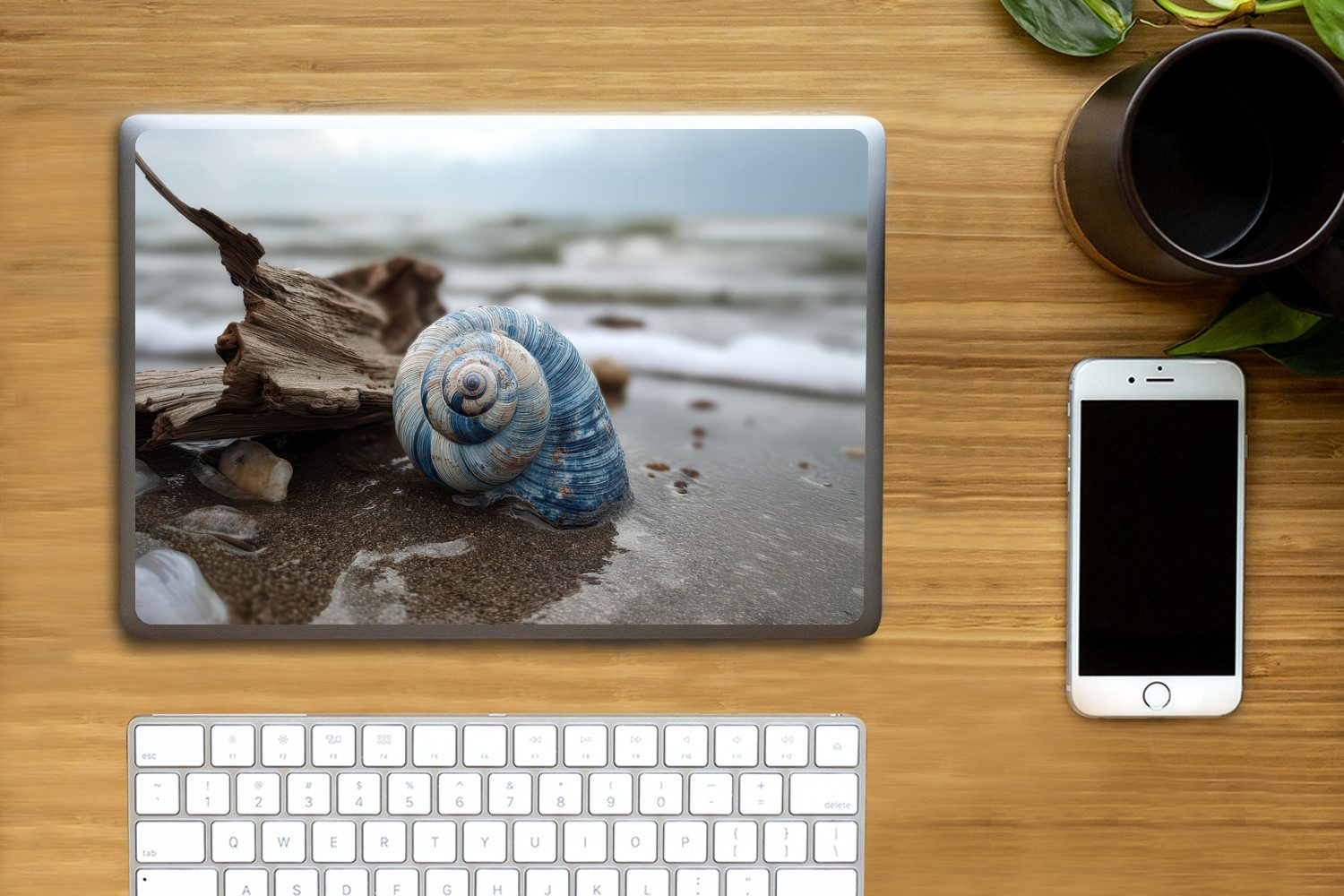 MuchoWow Laptop-Aufkleber Muschel - Strand - Blau - Meer, (1tlg), Laptop Folien Cover, Aufkleber, Sticker, Schutz vor Kratzern, 30x21 cm