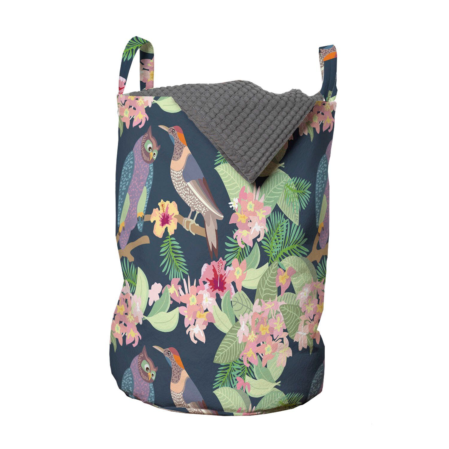 Abakuhaus Wäschesäckchen Wäschekorb mit Griffen Kordelzugverschluss für Waschsalons, Asian Blätter Exotische Vögel Owl Avian