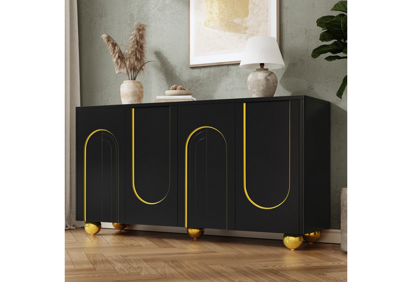 Merax Sideboard mit Goldlinien-Dekor, Wohnzimmerschrank Aufbewahrungsschrank (1 St), Kommode mit 4 Türen, Metallfüßen & Stauraum, 140Lx40Bx74H cm
