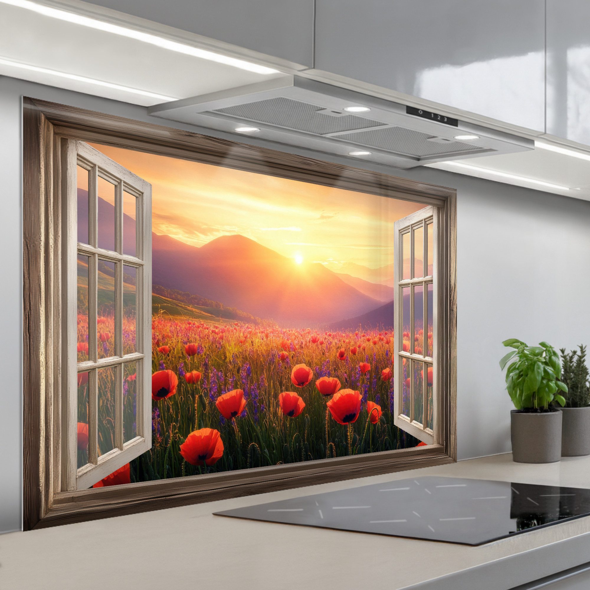 KitchenYeah Küchenrückwand selbstklebend (keine Folie) Durchsichtig - Mohnblumen - Blumen - Rot -, (1-tlg), Spritzschutz Küchenrückwand, Wandschutz, 120x80 cm