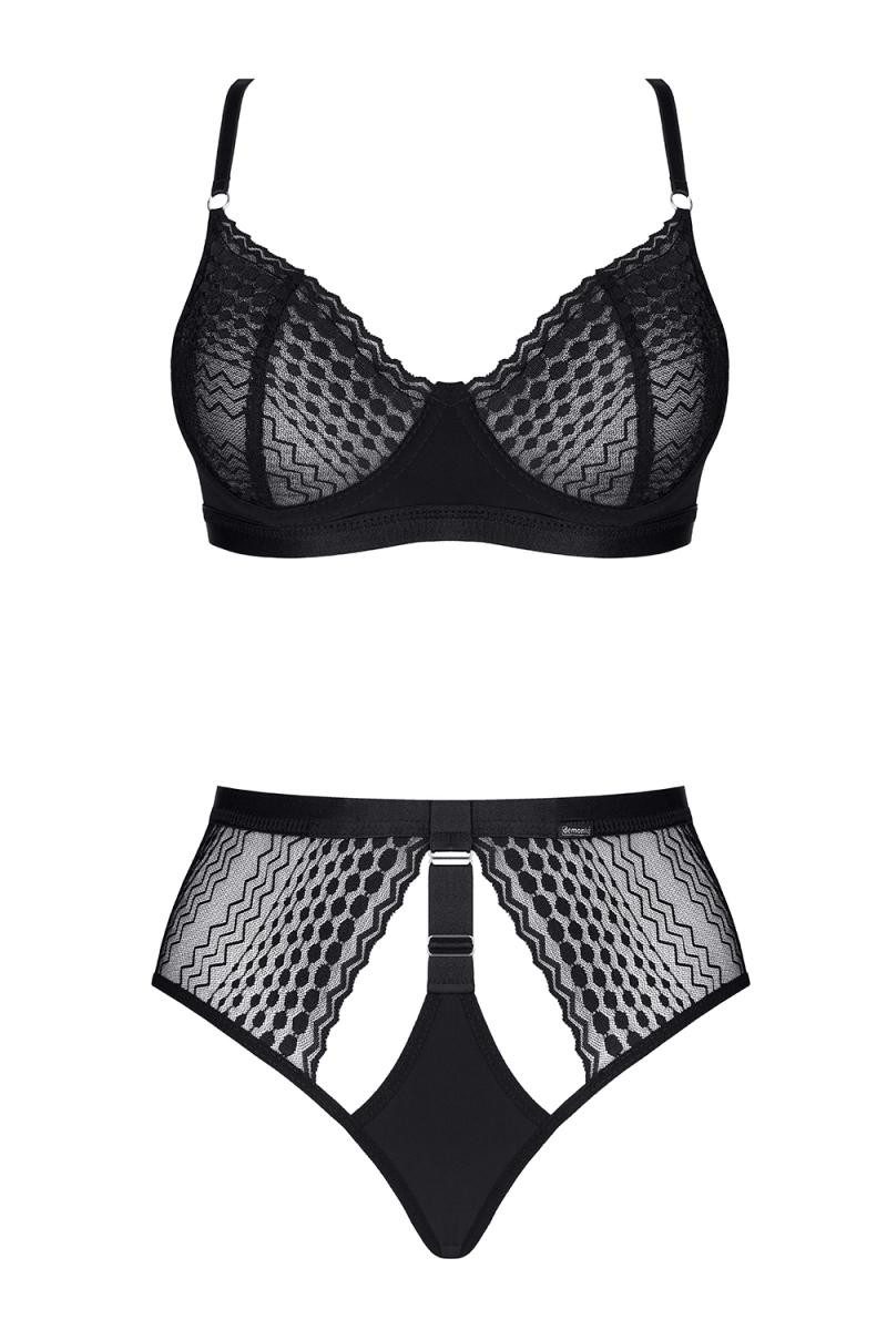 Set: Dekolleté-BH Schwarzes Frauen Dessous Set Bügel BH und High Waist Slip mit Spitze u