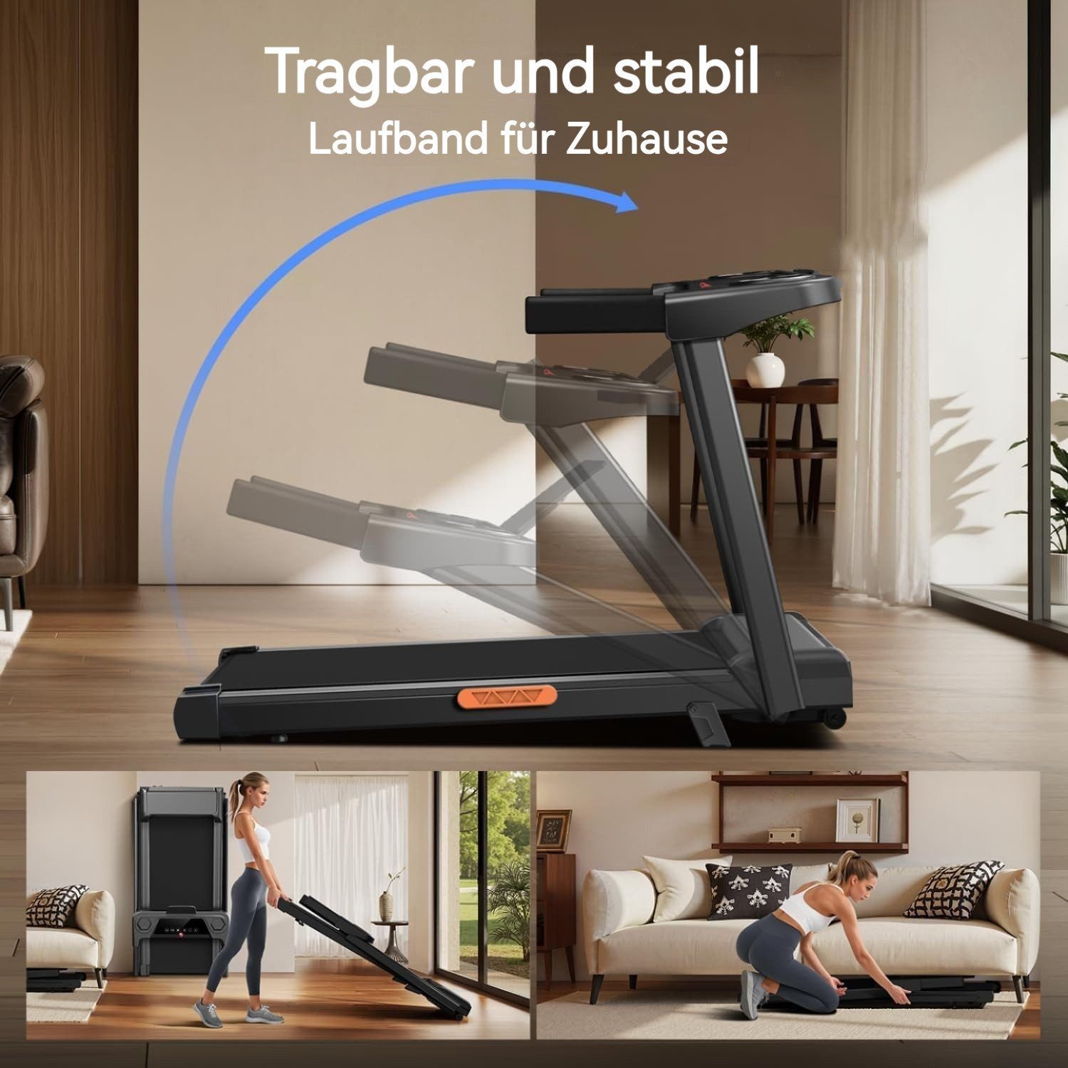 BAYMATE Laufband für Zuhause (Treadmill for Home mit 3,0-PS-Motor und 12 voreingestellte Programme, Mit Halterung, mit Rädern, mit Trinkfaschenhalter), mit Steigung 9%, Laufbänder 12KM/H, Max Belastung 136KG