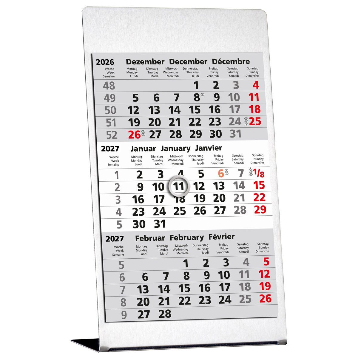 GÜSS Kalender Wandkalender 3-Monats-Tischkalender 10,5 x 23cm Edelstahl 2027