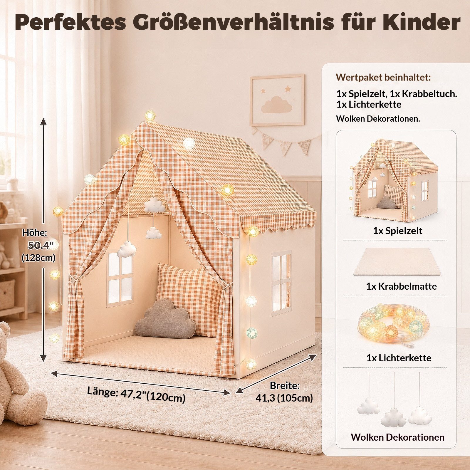 BlingBin Spielzelt Indoor Kinderspielhaus als Spiel- und Bettzelt mit Fenstern (1er Set, 1-tlg., 120 × 105 × 128 cm (L × B × H) bunten Flaggen inklusive Krabbelmatte als Dekor für jedes Kinderzimmer