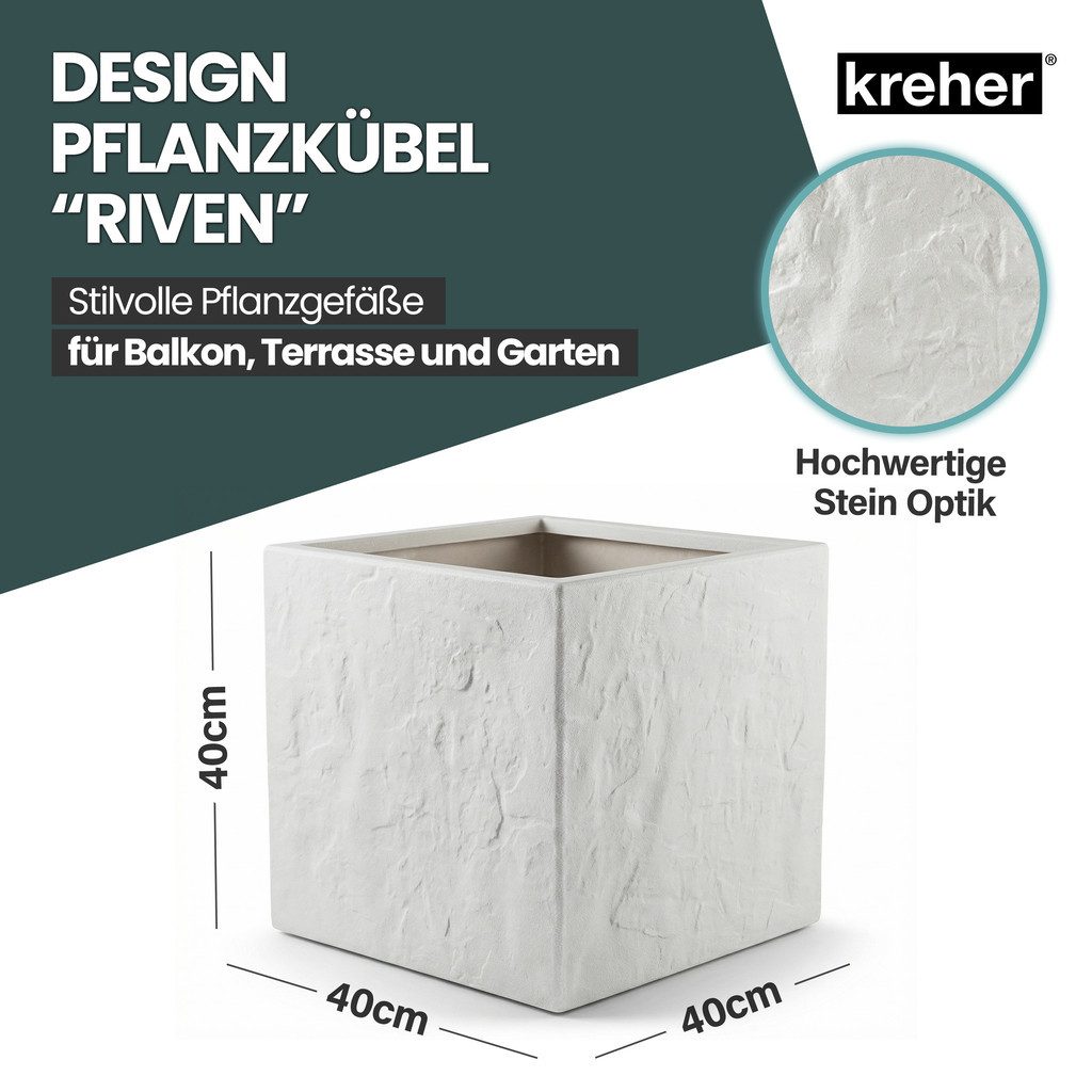 Kreher Pflanzkübel 'Riven' aus Kunststoff, Stein Optik, 40x40x40 cm, Hellgrau (1 St)