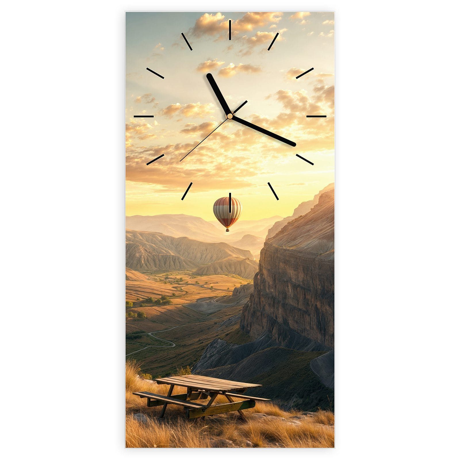 Wanduhr Glasuhr Wandkunst Größe 30 x 60 cm mit Motiv Landschaft mit Ballons