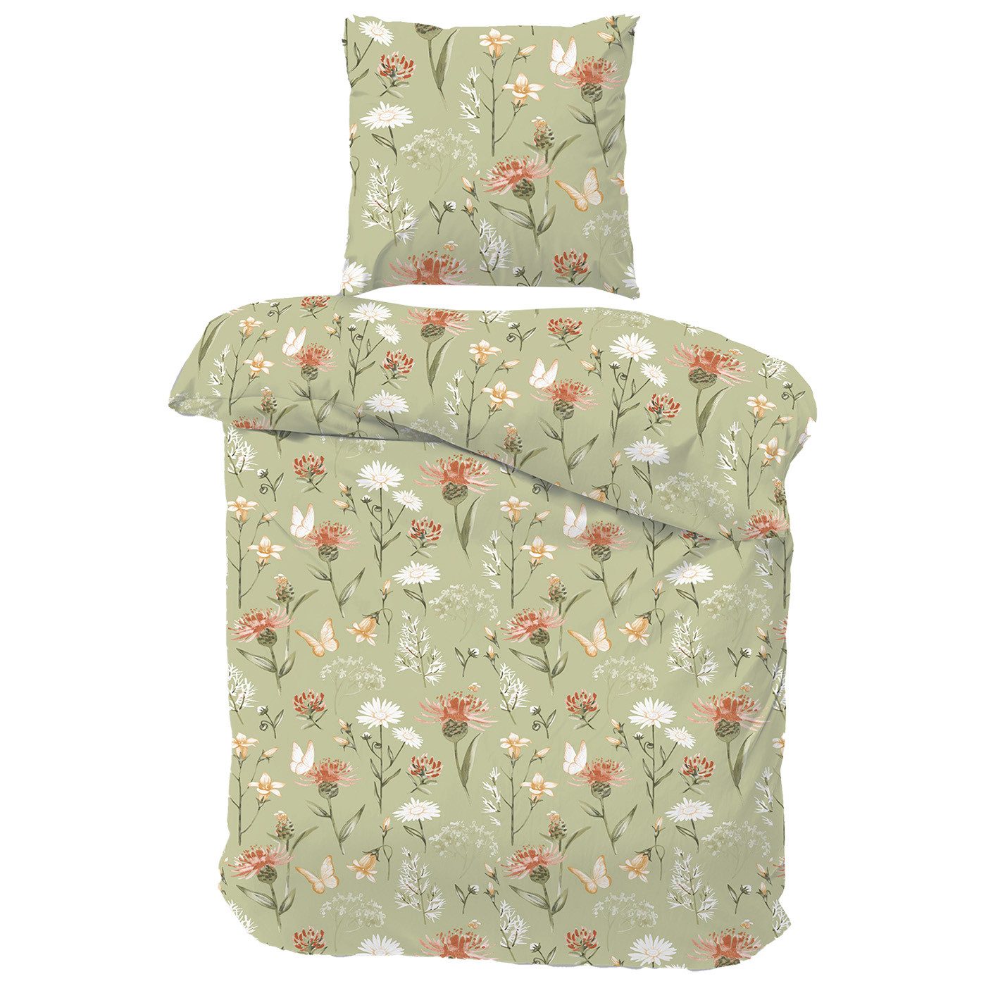 Schmidt Bettwäsche Fein-Biber Blumenwiese grün, Atmungsaktiv
