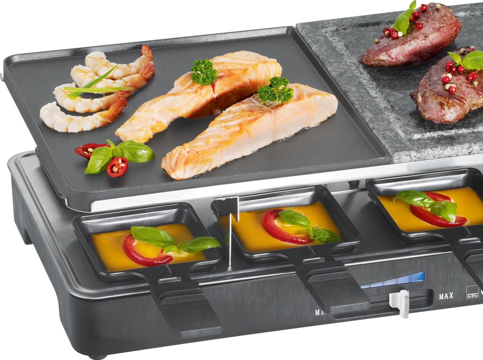 CLATRONIC Raclette CLATRONIC Raclette Grill 8 Personen Heißer Stein Raclettegrill 1400, 8 Raclettepfännchen, 1200,00 W, 8 Pfännchen, 8 Holzspatel, Wendegussplatte, heißer Stein, Thermostat