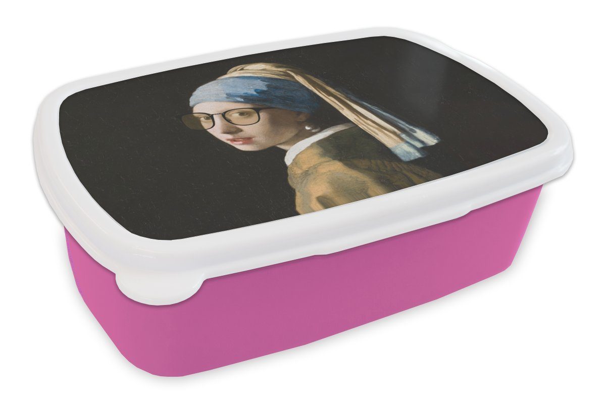 MuchoWow Lunchbox Das Mädchen mit dem Perlenohrring - Vermeer - Brillen, Kunststoff, (2-tlg), Brotbox für Erwachsene, Brotdose Kinder, Snackbox, Mädchen, Kunststoff rosa | Lunchboxen