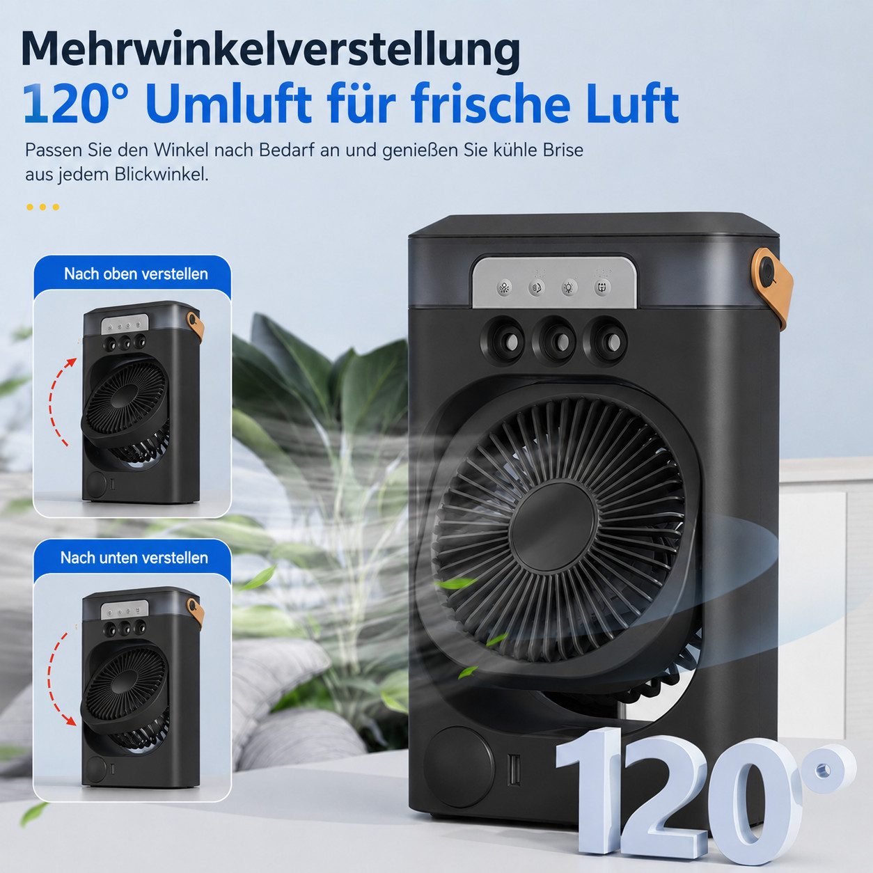 MOPUEA Ventilatorkombigerät Tragbarer Luftkühler mit 3 Stufen, 7 LED-Farben und USB-Betrieb, Wasserkühlung 600ML,4-in-1 Klimaanlage für Zimmer, Sprühfunktion