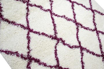 Hochflor-Teppich Shaggy Teppich Wohnzimmerteppich Hochflor Langflor Rauten creme lila, Carpetia, rechteckig, Höhe: 40 mm