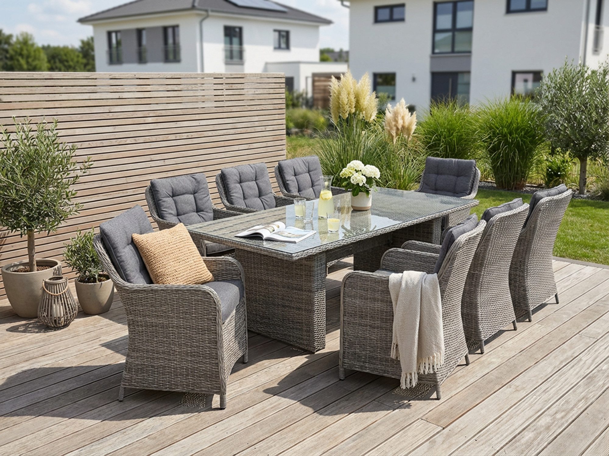 KONIFERA Garten-Essgruppe »Menorca«, (Set, 25-tlg., 8x Sessel, 1x Tisch 230,8x100x75 cm, inkl. Auflagen, Alu, Polyrattan), Polyrattan, Aluminium, Tischplatte aus 5mm starkem Sicherheitsglas